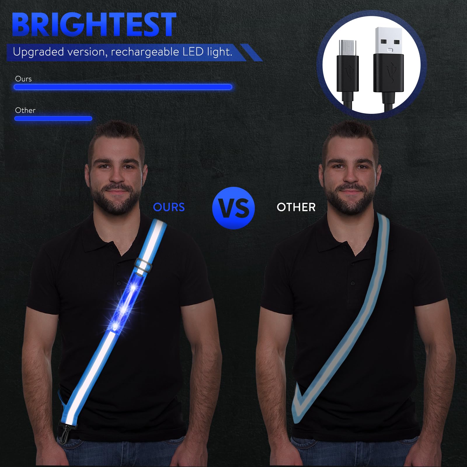 Simket Rechargeable LED Reflective Sash - Adjustable High Visibility Safety Gear for Night Walking, Jogging, Running & Biking - Perfect for Men & Women Outdoor Activities in Low Light Conditions