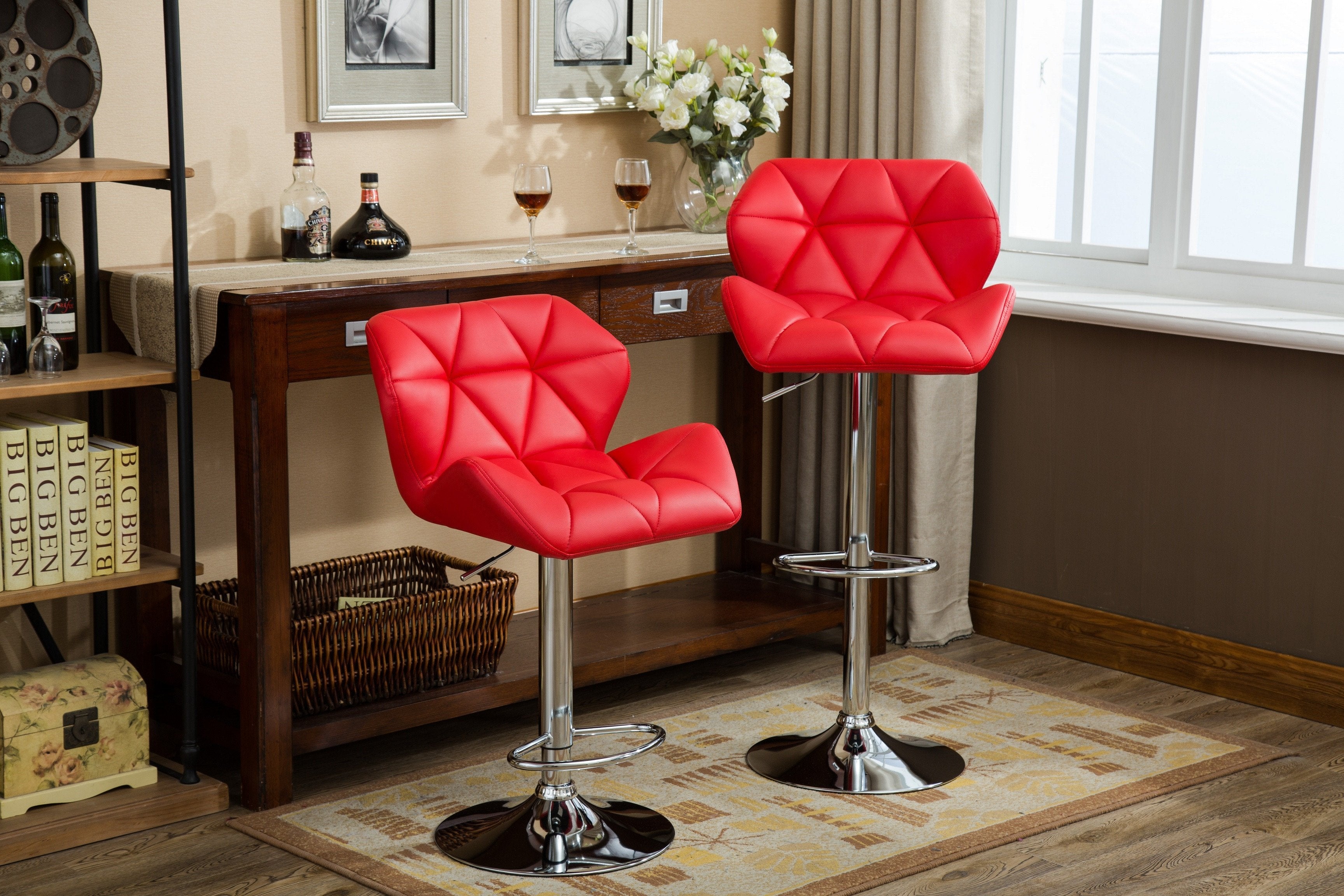 Roundhill Furniture Glasgow Contemporary Tufted Adjustable Hydraulic Bar Stools, Red, Set of 2 - Perfect for Kitchen Islands, Home Bars & Modern Dining Areas