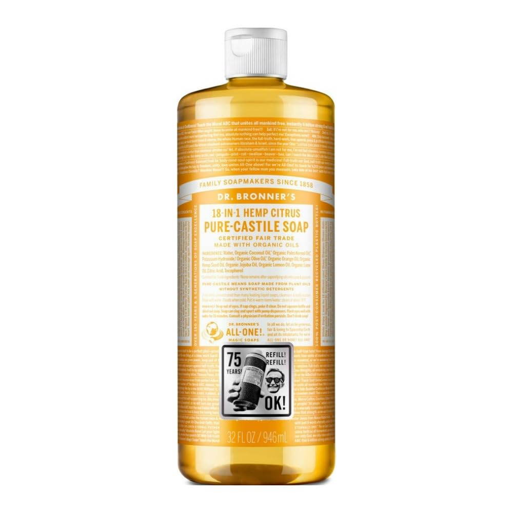 Dr. Bronners Organic Citrus Liquid Castile Soap - 32 oz | All-Natural Body Wash, Shampoo & Household Cleaner | Vegan, Cruelty-Free for Face, Hair & Home Use