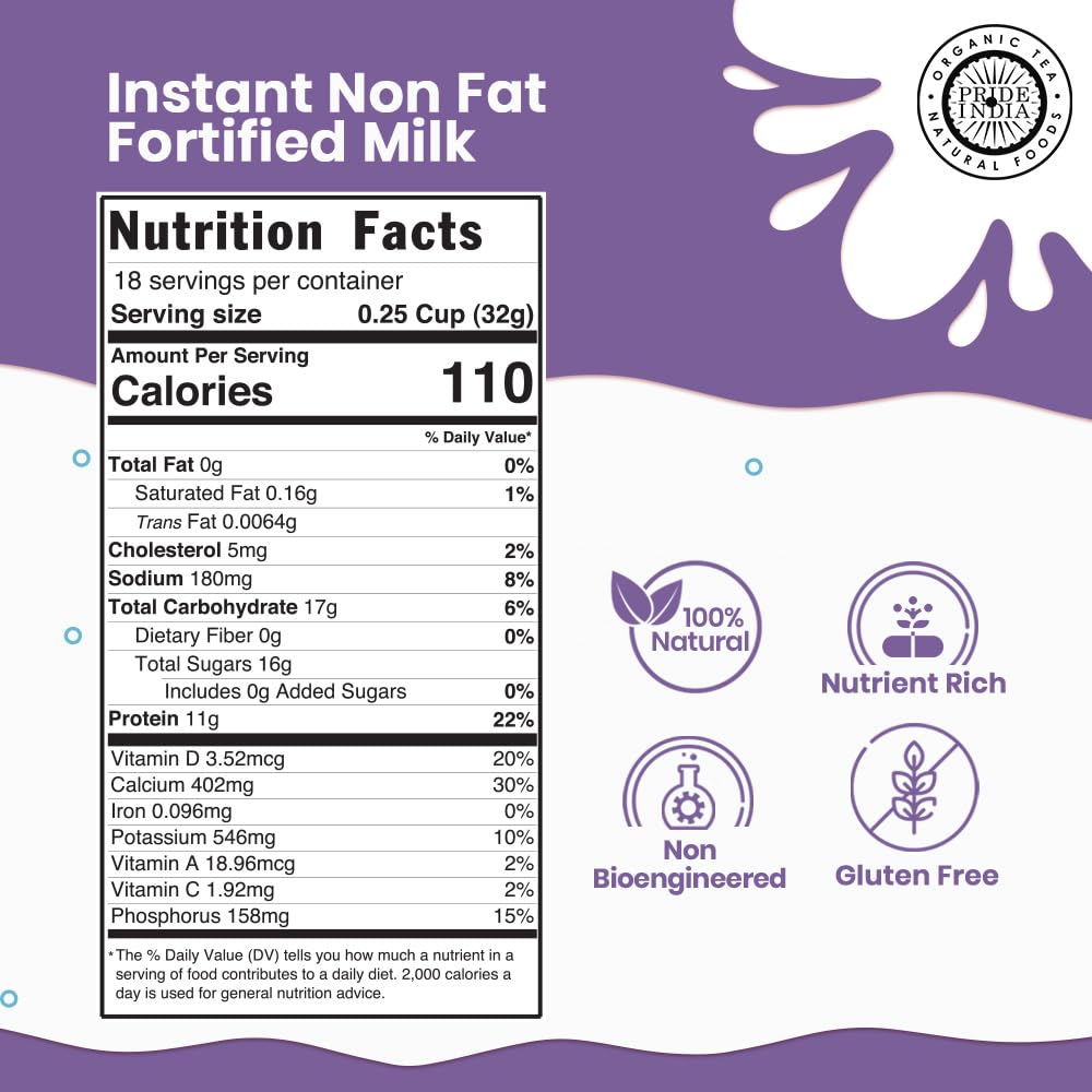 Pride of India Instant Fortified Nonfat Dry Milk Powder - Enriched with Vitamin D, Protein & Calcium - 1.25 lbs (20 oz) - Perfect for Baking, Cooking, and Healthy Beverages