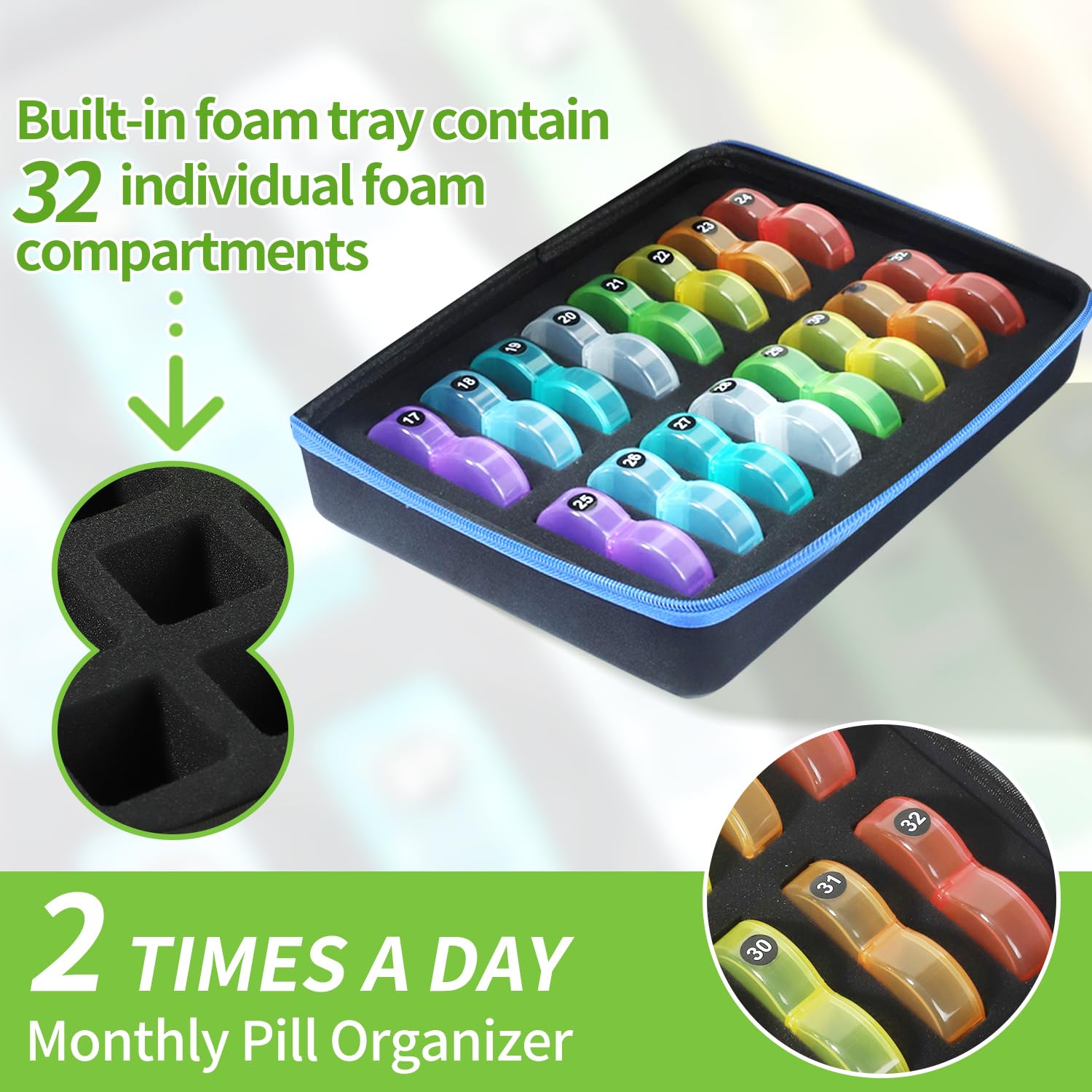 Monthly Pill Organizer Box - 2 Times a Day AM/PM Dispenser with 32 Daily Compartments | Portable Travel Medicine Case for Vitamins, Supplements & Cod Liver Oil | Perfect for Daily Medication Management & Travel