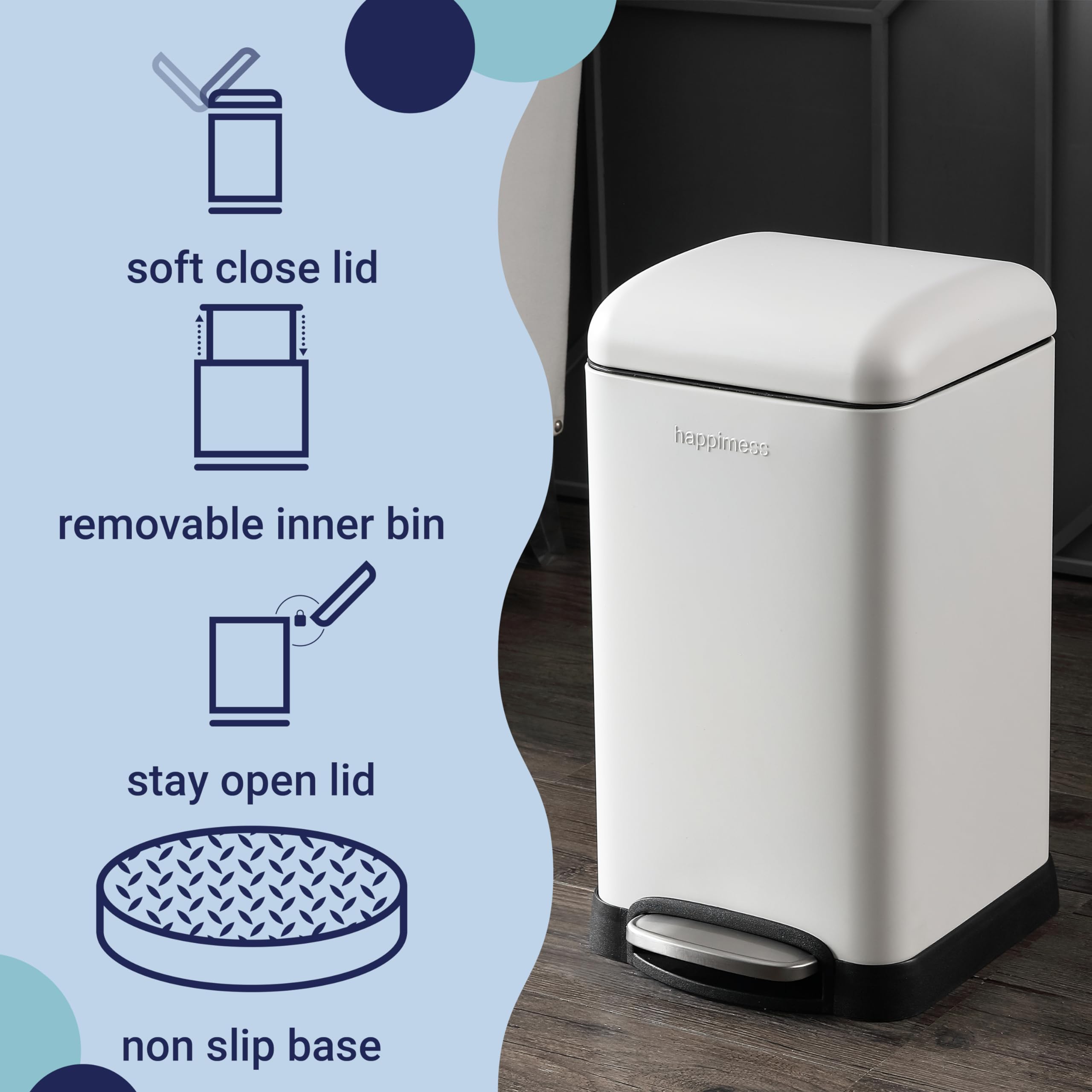 Happimess HPM1012C Betty Retro Mini 3.2-Gallon Step Trash Can - Modern Fingerprint-Proof Stainless Steel Waste Bin with Soft Close Lid for Kitchen, Bathroom, Bedroom & Office - Rustproof & Minimalist Design (White) - Perfect for Small Spaces & Home Organization