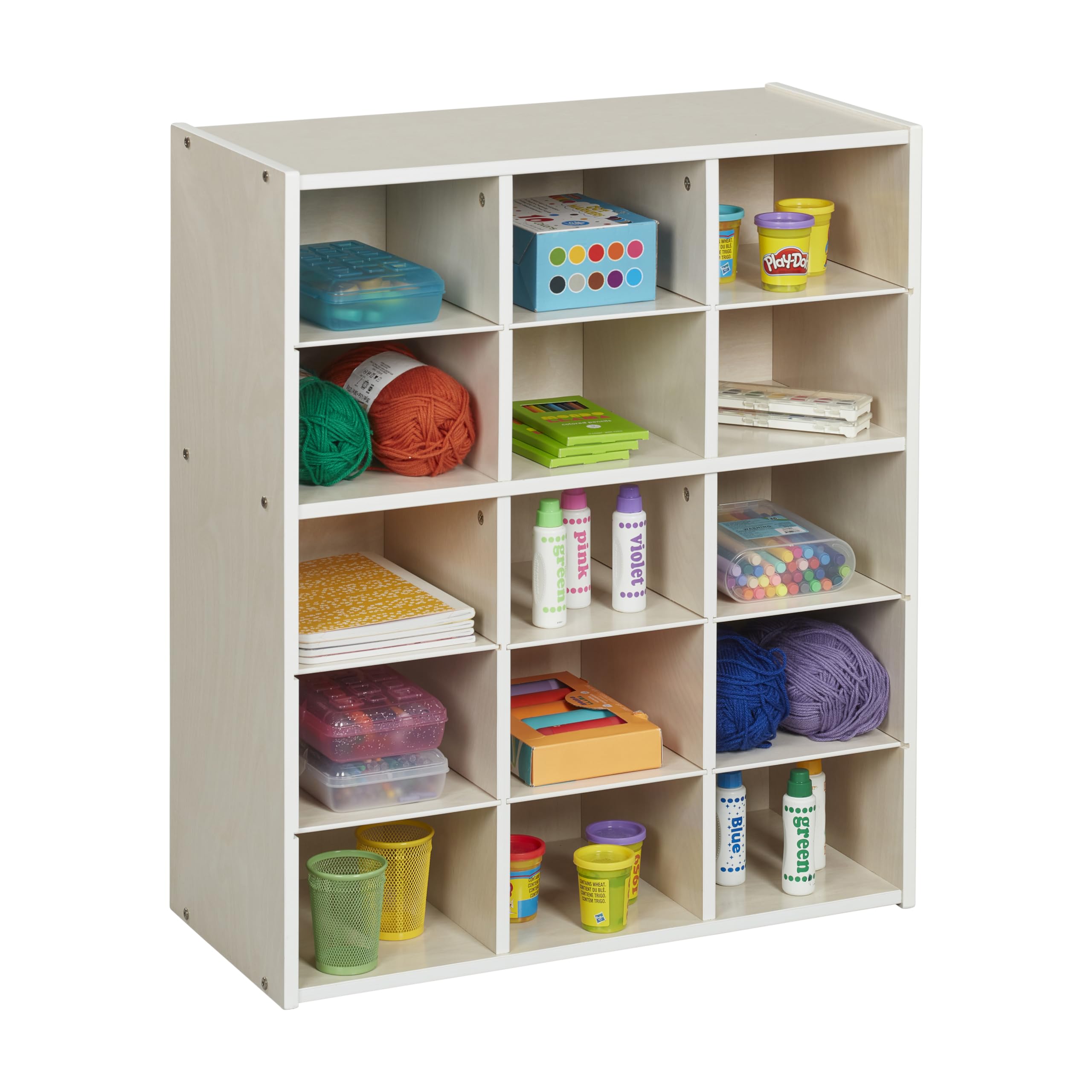 ECR4Kids 15-Cubby Storage Cabinet with Trays, 5x3 Organizer for Classroom & Home, White Wash - Perfect for School Supplies, Toys & Kids' Room Organization