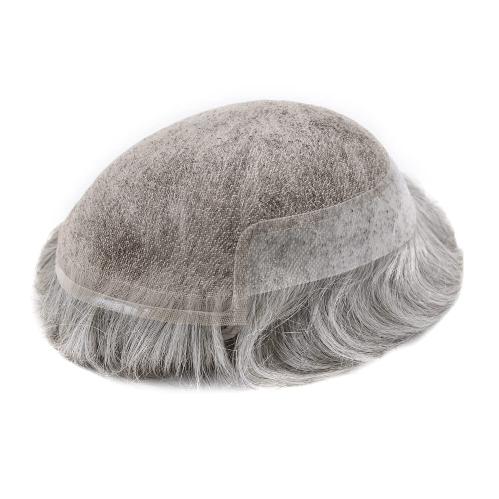 Men's Swiss Lace Toupee - 100% Human Hair Replacement System with PU Bleached Knots & Natural Hairline | 8''x10'' Light Medium Density Wig in 1B80# Natural Black with 80% Gray | Perfect for Hair Loss Solutions, Daily Wear & Special Occasions - SINGA HAIR