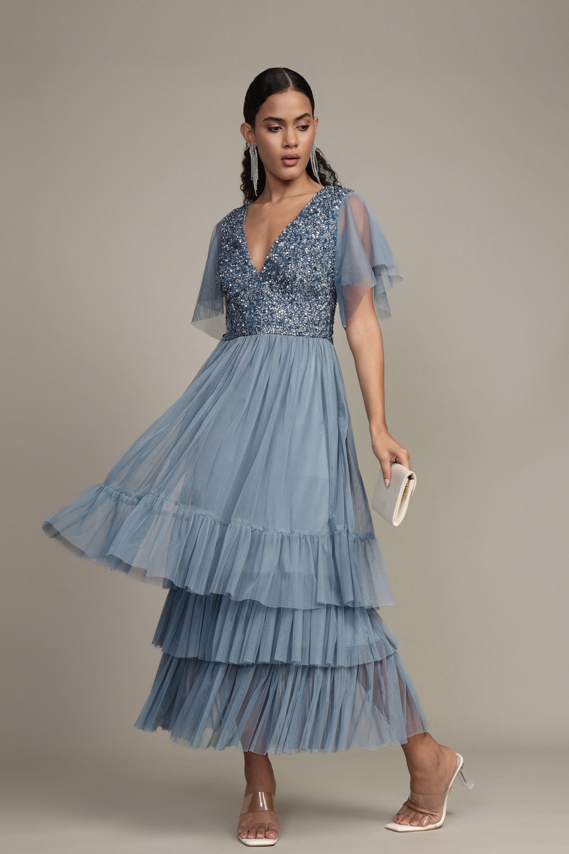 Elegant Maddie Embellished Midi Dress in Dusty Blue - Perfect for Weddings, Parties & Special Occasions