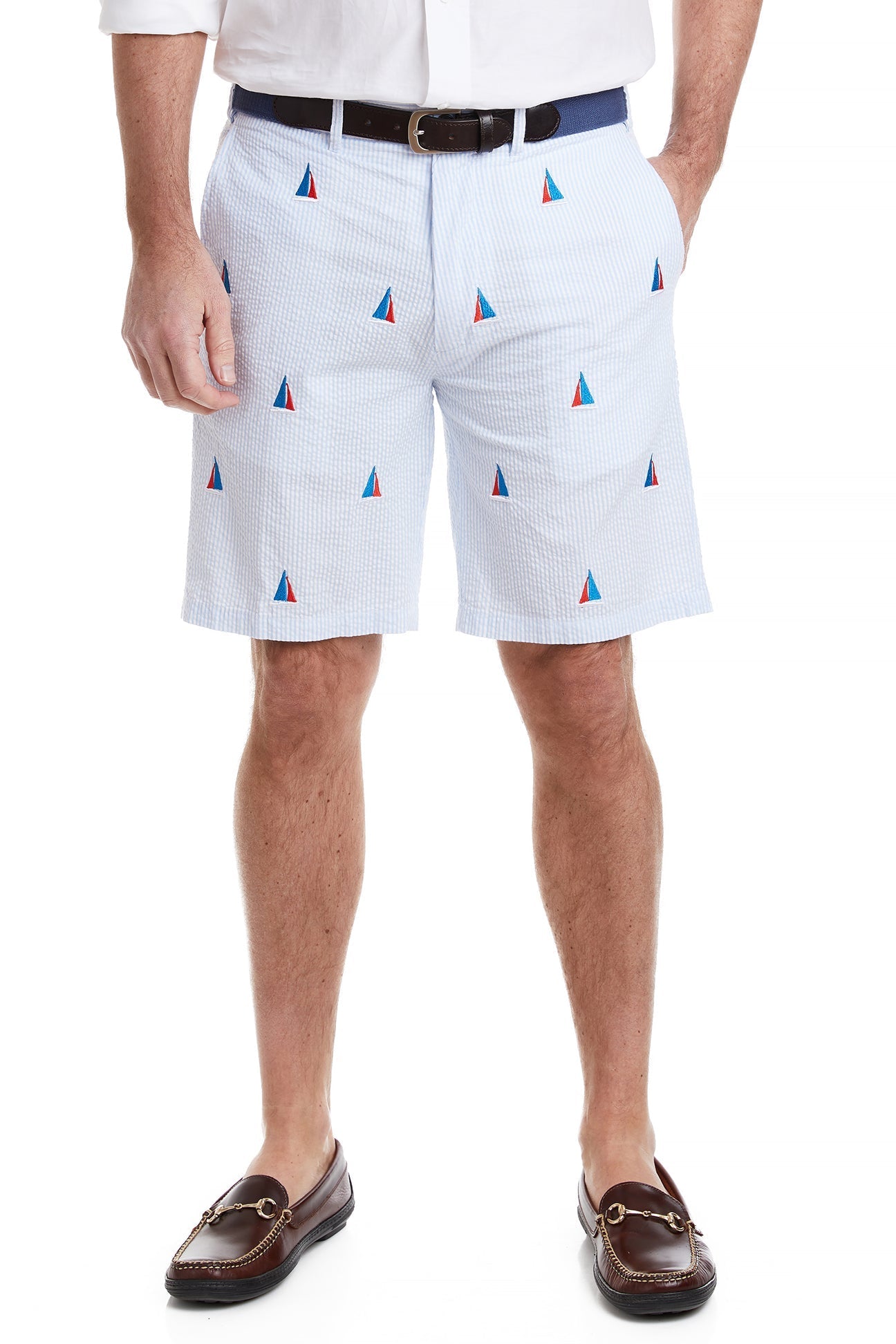 Cisco Short Blue Seersucker with Sailboat Americana - Stylish Summer Shorts for Men | Perfect for Beach, Vacation & Casual Outings