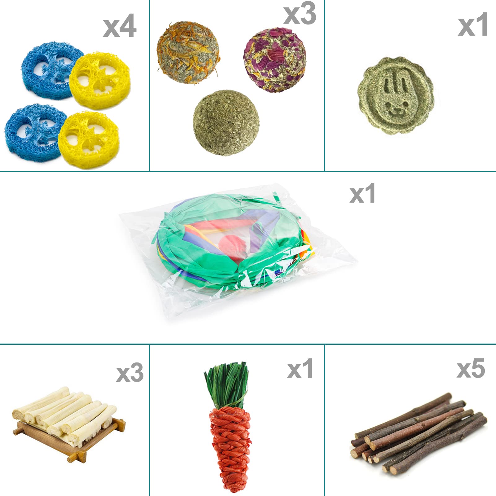 **Best Rabbit Toys for Small Pets - Large Bunny Hideout Tunnel with Chew Toys, Apple Sticks, Bamboo Carrot & Loofah Ball for Guinea Pig, Chinchilla, Ferret & Rat - Perfect for Playtime & Teeth Grinding**
