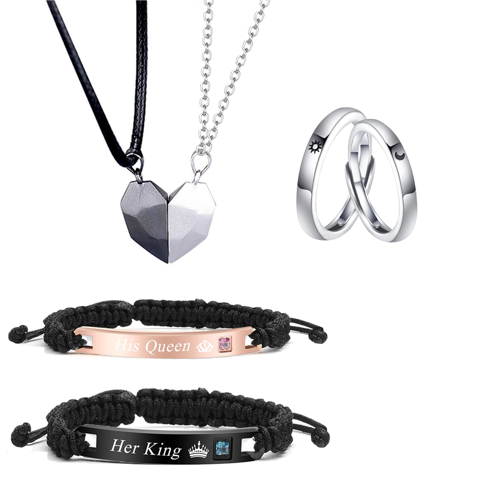 6 Pcs Magnetic Couple Necklace Set for Women & Men - Heart Pendant, Sun Moon Rings & Woven Bracelets - Matching Jewelry for Boyfriend Girlfriend - Perfect for Anniversaries, Valentine's Day & Romantic Gifts