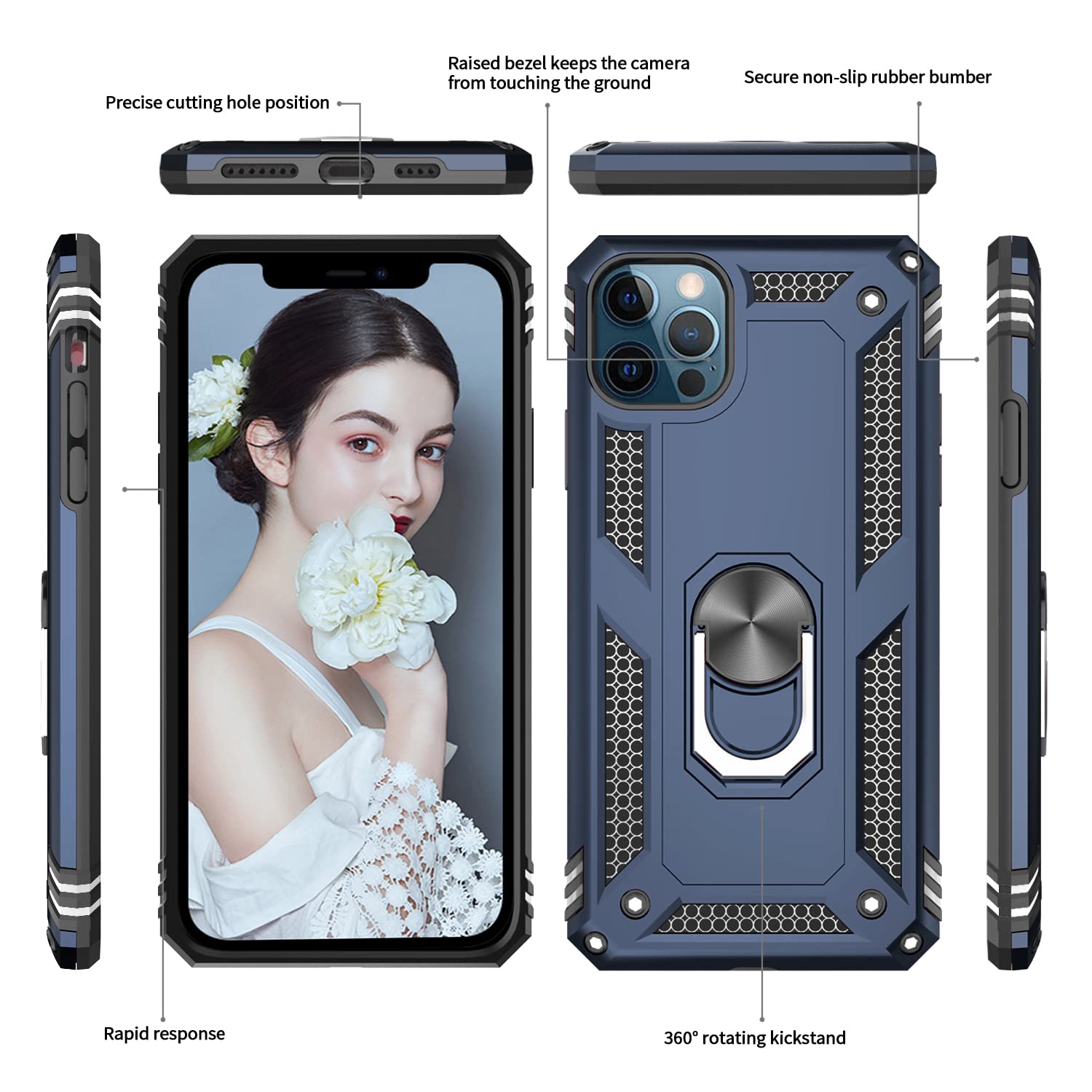 **Military-Grade Shockproof iPhone 12 Pro Max Case with Kickstand & Ring Holder - 2 Pack Tempered Glass Screen Protector & Camera Lens Protector Included - Blue - Perfect for Work, Travel & Outdoor Activities**