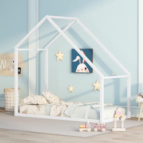 Twin Size Metal House Bed Frame - No Slats Needed, Low Profile Platform Bed for Kids, Teens & Adults - Perfect for Bedrooms, Dorms & Guest Rooms