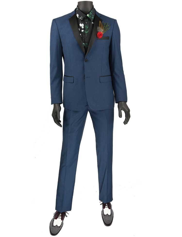 Ultra Slim Fit Blue with Black Lapel 2 Piece Tuxedo Suit for Men - Perfect for Weddings, Prom, Black Tie Events & Formal Occasions