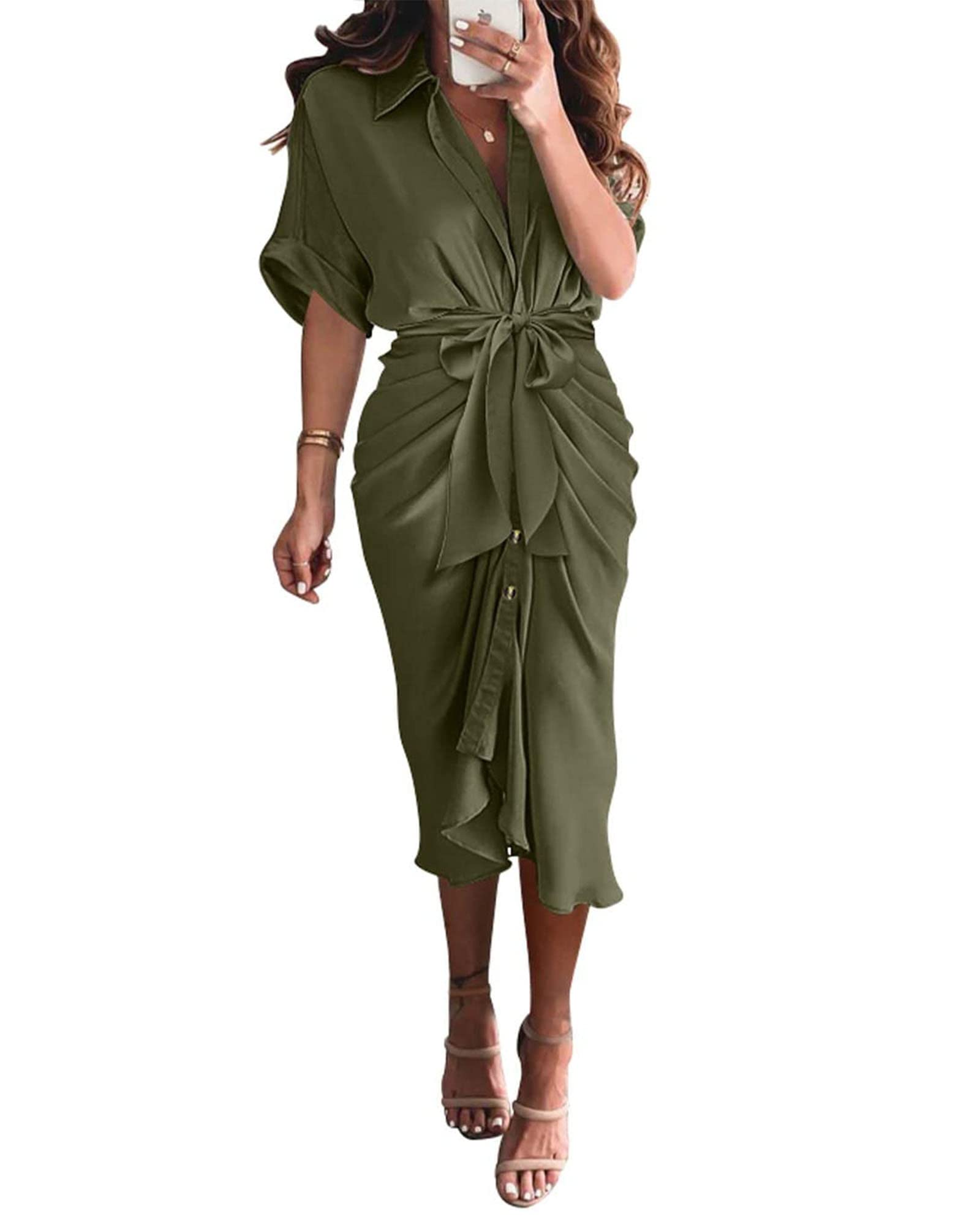 BTFBM Women's 2025 Elegant Ruched Button Down Shirt Dress - Short Sleeve Lapel V-Neck Satin Maxi Dress for Spring Summer | Perfect for Parties, Weddings & Special Occasions