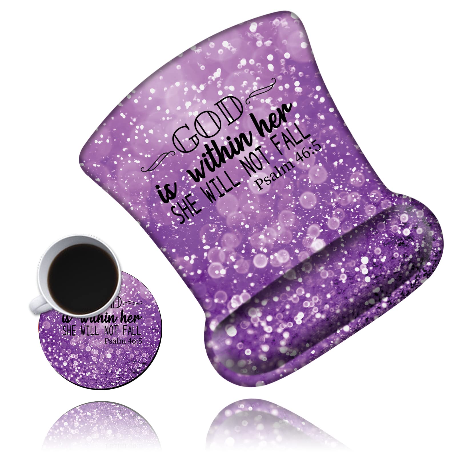 Ergonomic Mouse Pad with Wrist Support - Comfortable Gel Mouse Pad with Wrist Rest for Pain Relief, Non-Slip Rubber Base for Office & Home Use - Includes Free Cup Coaster (Purple, Psalm 46-5) - Perfect for Long Work Hours, Gaming, and Computer Use
