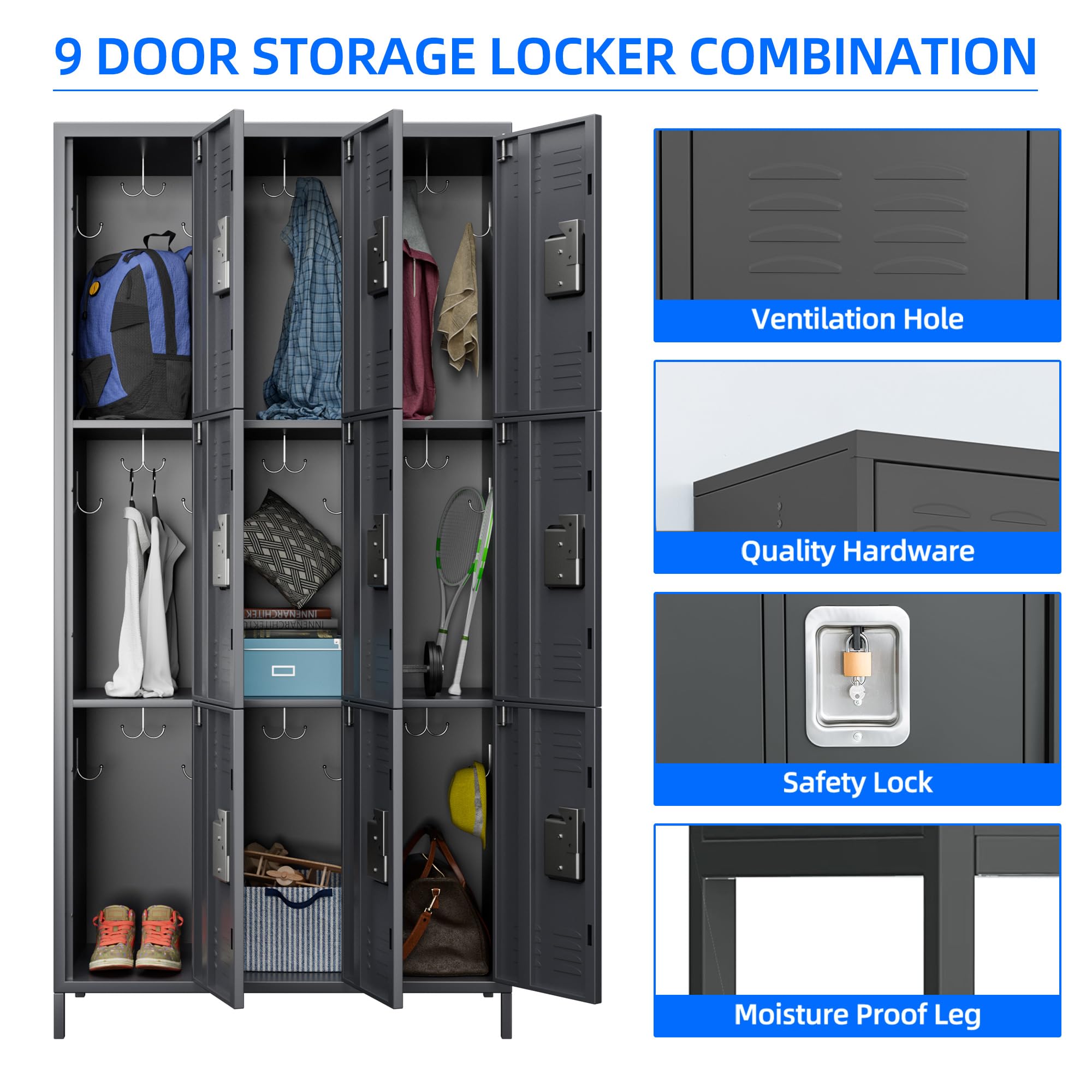 Heavy Duty 9-Door Metal Locker with Lock - Steel Storage Cabinet for Office, School, Gym & Bedroom - Includes 18 Hooks - Easy Assembly Required (Dark Grey) - Perfect for Employee Storage, Sports Equipment & Personal Belongings Organization
