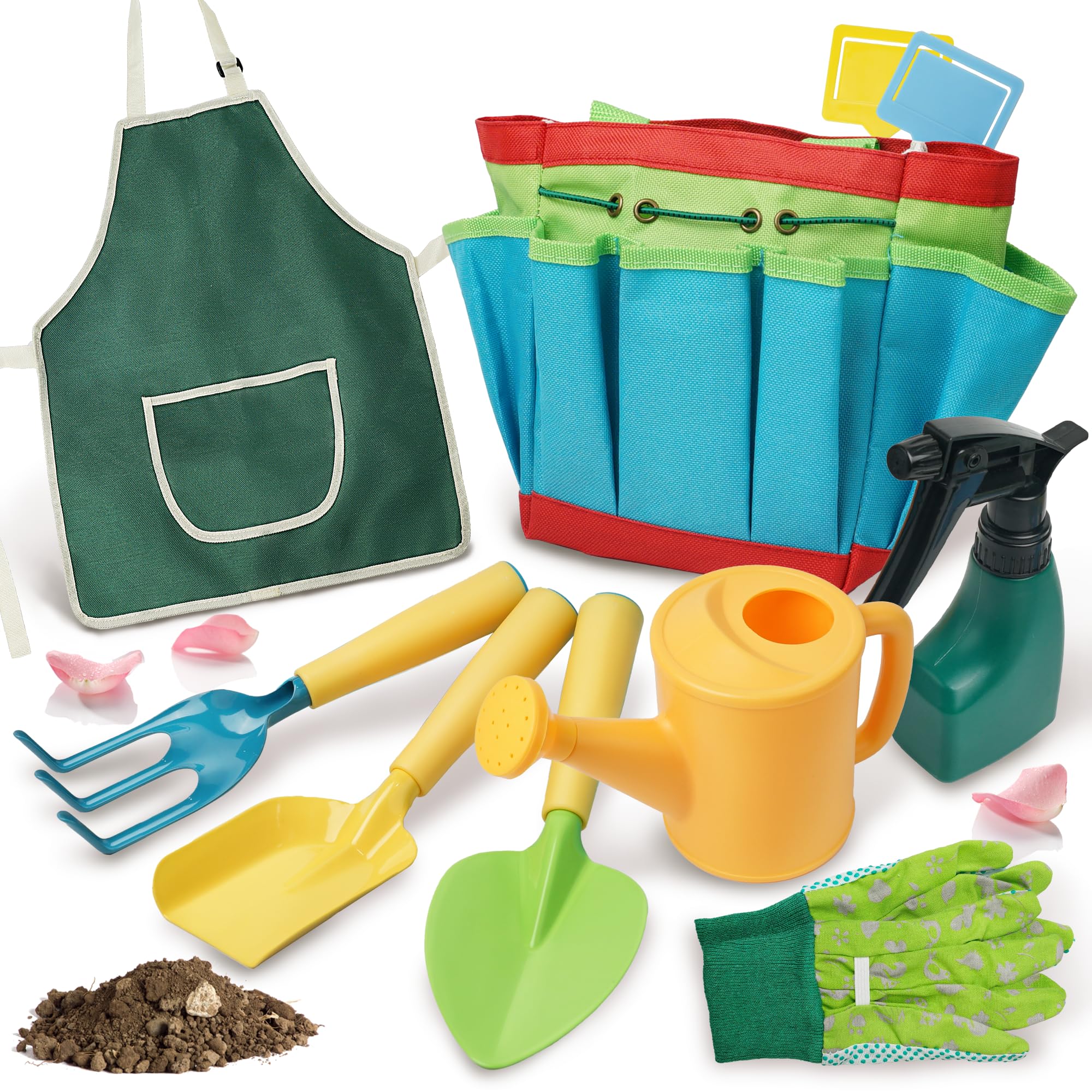 **Kids Gardening Tools Set - Toddler Gardening Kit with Shovel, Rake, Trowel, Apron, Tote Bag & Watering Can - Perfect Gardening Gift for Boys & Girls - Fun Outdoor Activity for Kids - JC1008**