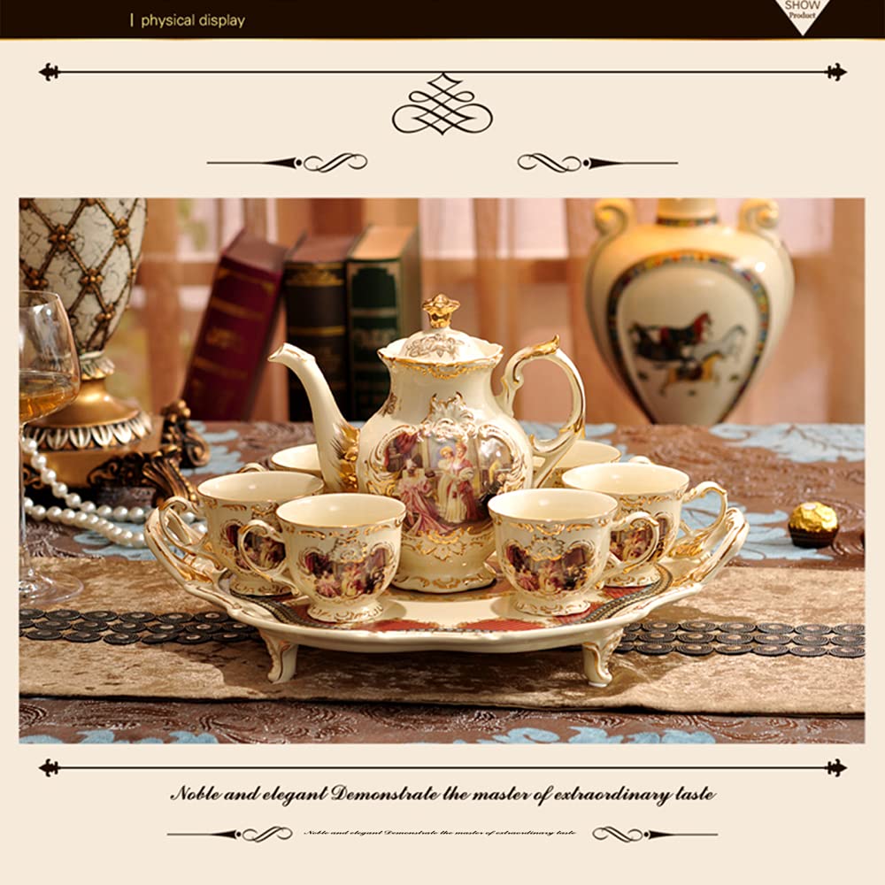 8-Piece Porcelain Coffee and Tea Gift Set with 6 Cups, Teapot, Serving Tray & Espresso Cups - European Classic Gold Trim Design - Elegant Tea Party Set for Home, Office or Gifting