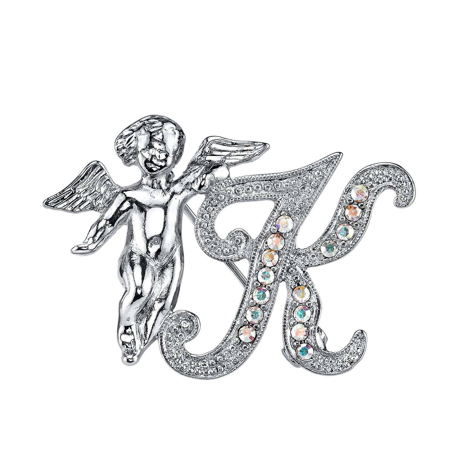 1928 Jewelry Aurore Boreale Crystal Angel Initial Pin - Elegant Personalized Initial Brooch for Women, Gift for Her, Perfect for Weddings, Anniversaries & Special Occasions