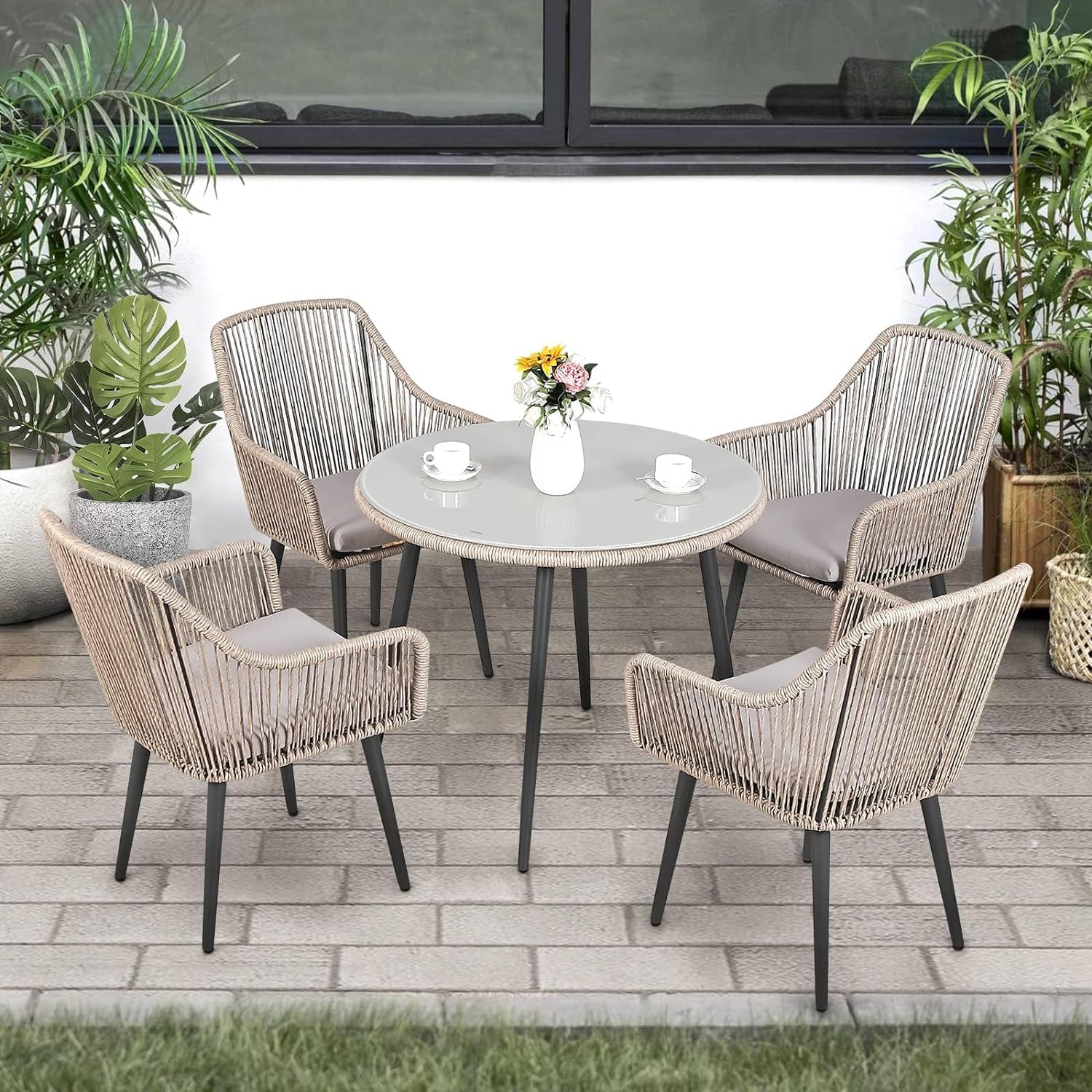 JOIVI 4-Piece Outdoor Patio Dining Chairs Set - Woven Rattan Wicker Chairs with Armrests & Cushions, Sturdy Iron Frame - Perfect for Garden, Backyard, Lawn, Poolside, Indoor Dining & Kitchen Use - Beige