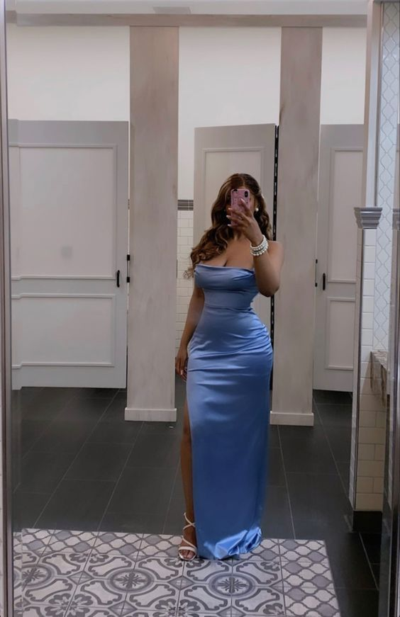 Elegant Blue Mermaid Prom Dress with High Slit - Strapless Satin Evening Gown for Women - Perfect for Homecoming, Prom Night & Formal Events