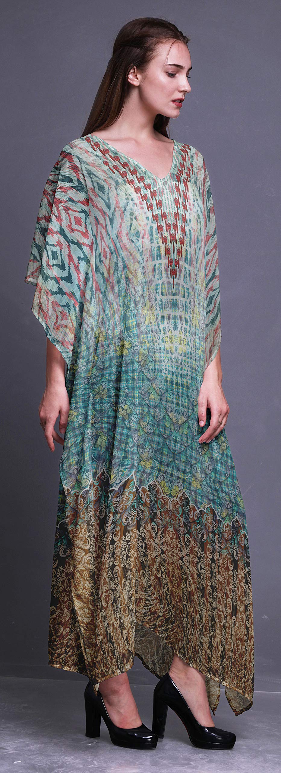 Floral & Damask Ethnic Beach Kaftan - Women's Maxi Dress Long Bikini Cover Up for Summer Vacation, Pool Party & Boho Fashion