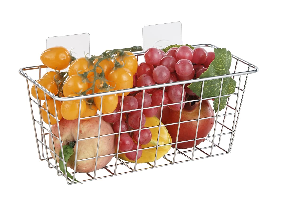 2 Pack Hanging Storage Baskets - No Drill Bathroom & Kitchen Organizer with Damage-Free Adhesive Tape - Space Saving Cabinet Storage Solution for Bathroom, Kitchen, Pantry & Closet Organization