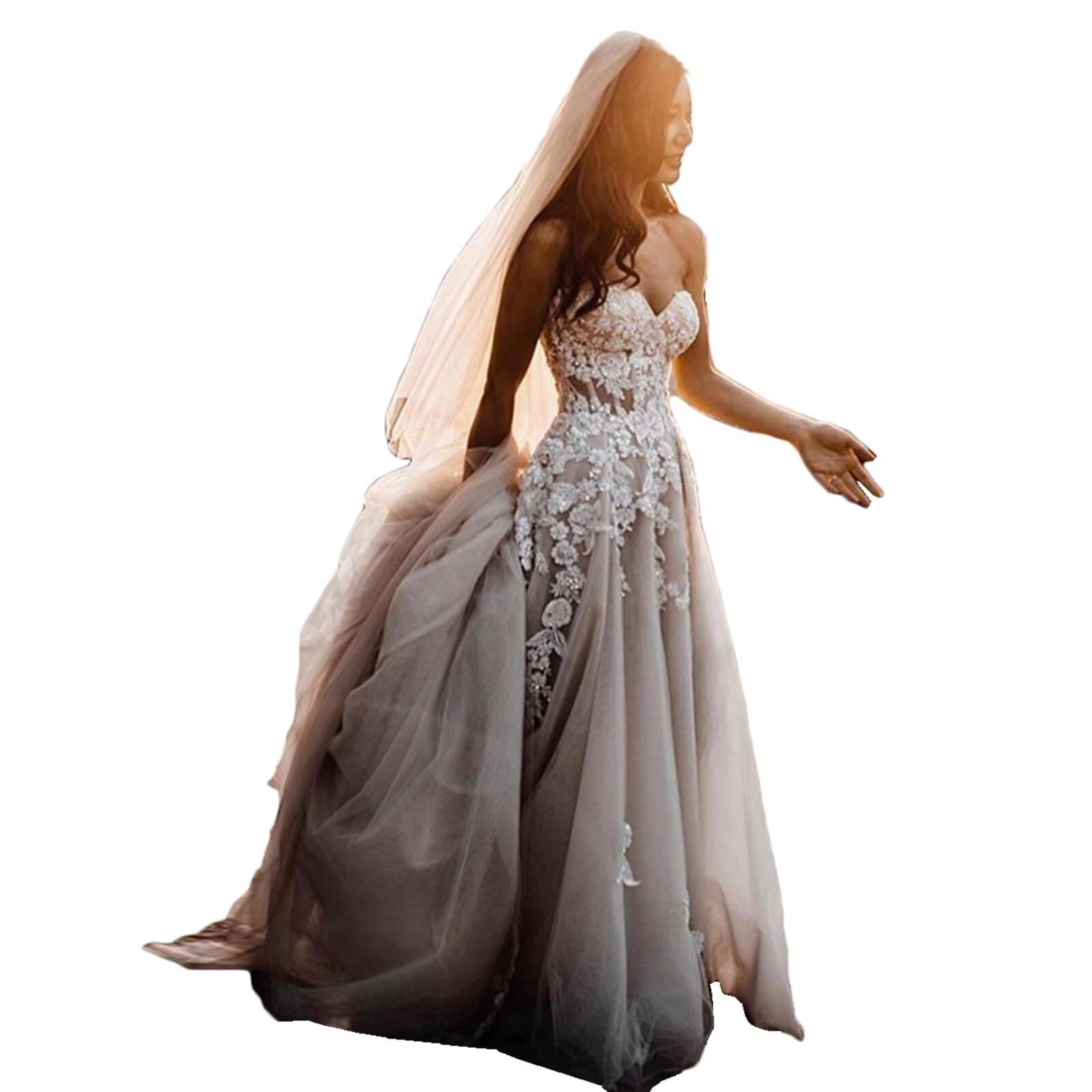 Elegant Boho Wedding Dresses for Bride - Sheer Lace Sweetheart Beach Bridal Gowns with 3D Floral Appliques | Perfect for Beach, Garden & Destination Weddings