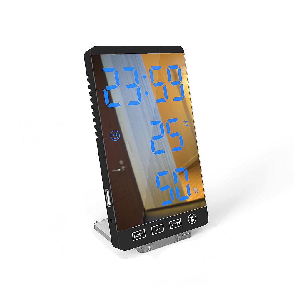6 Inch LED Mirror Alarm Clock with Touch Button - Digital Wall Clock with Time, Temperature & Humidity Display, USB Output Port - Perfect for Bedroom, Bathroom & Office (Black & Blue)