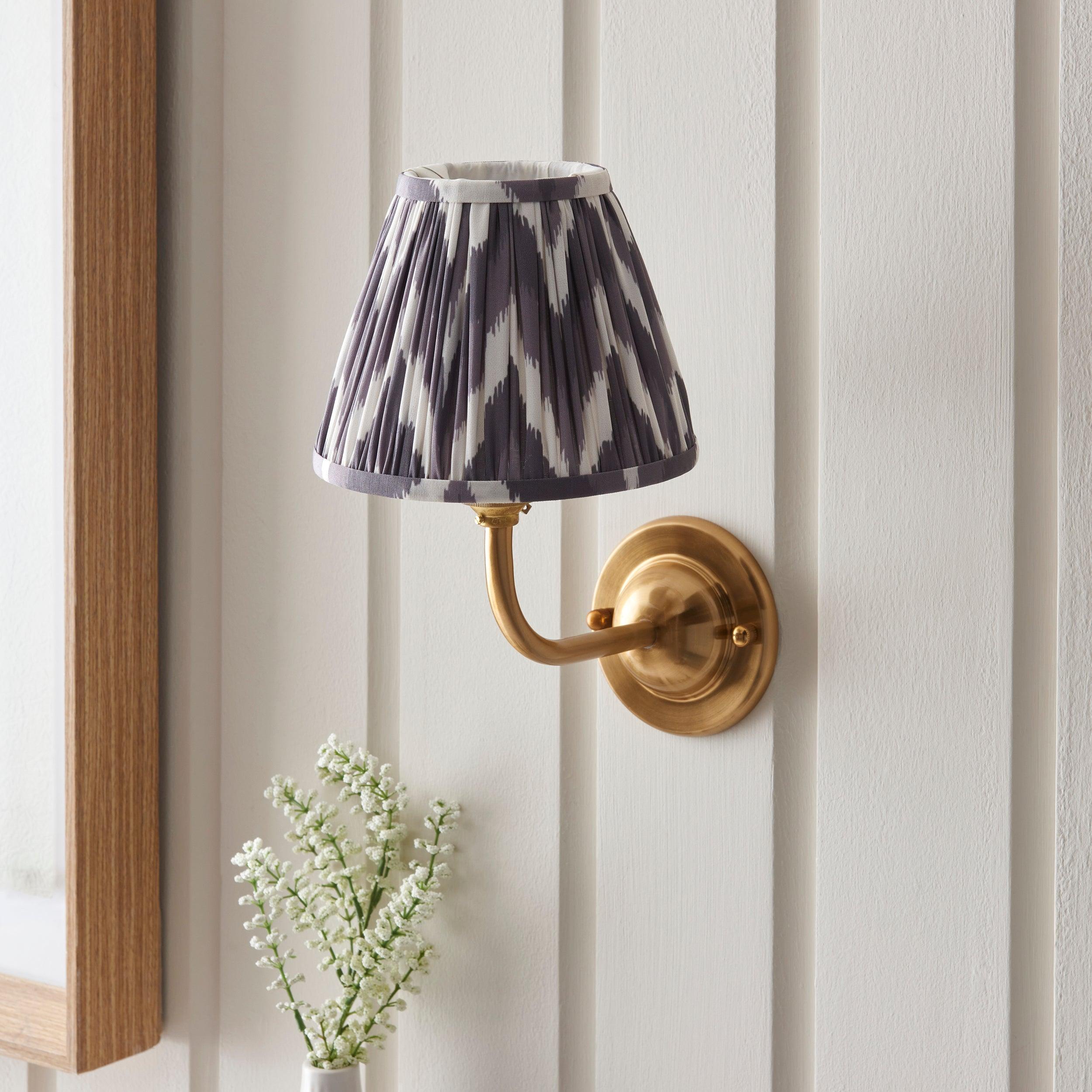 Brass Dome Arc Wall Light with 16cm Zigzag Pearl Grey Shade - Vintage Industrial Lighting for Living Room, Bedroom & Hallway