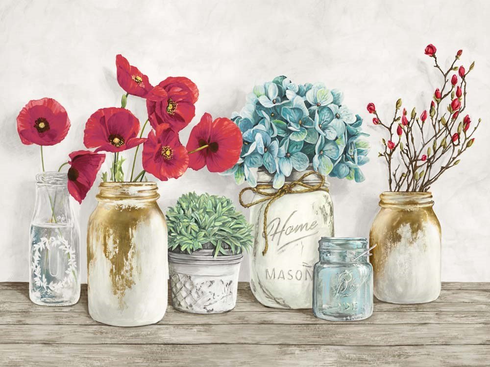 Jenny Thomlinson Floral Mason Jar Art Print - 27x20 Inches Wall Decor for Farmhouse, Kitchen & Living Room