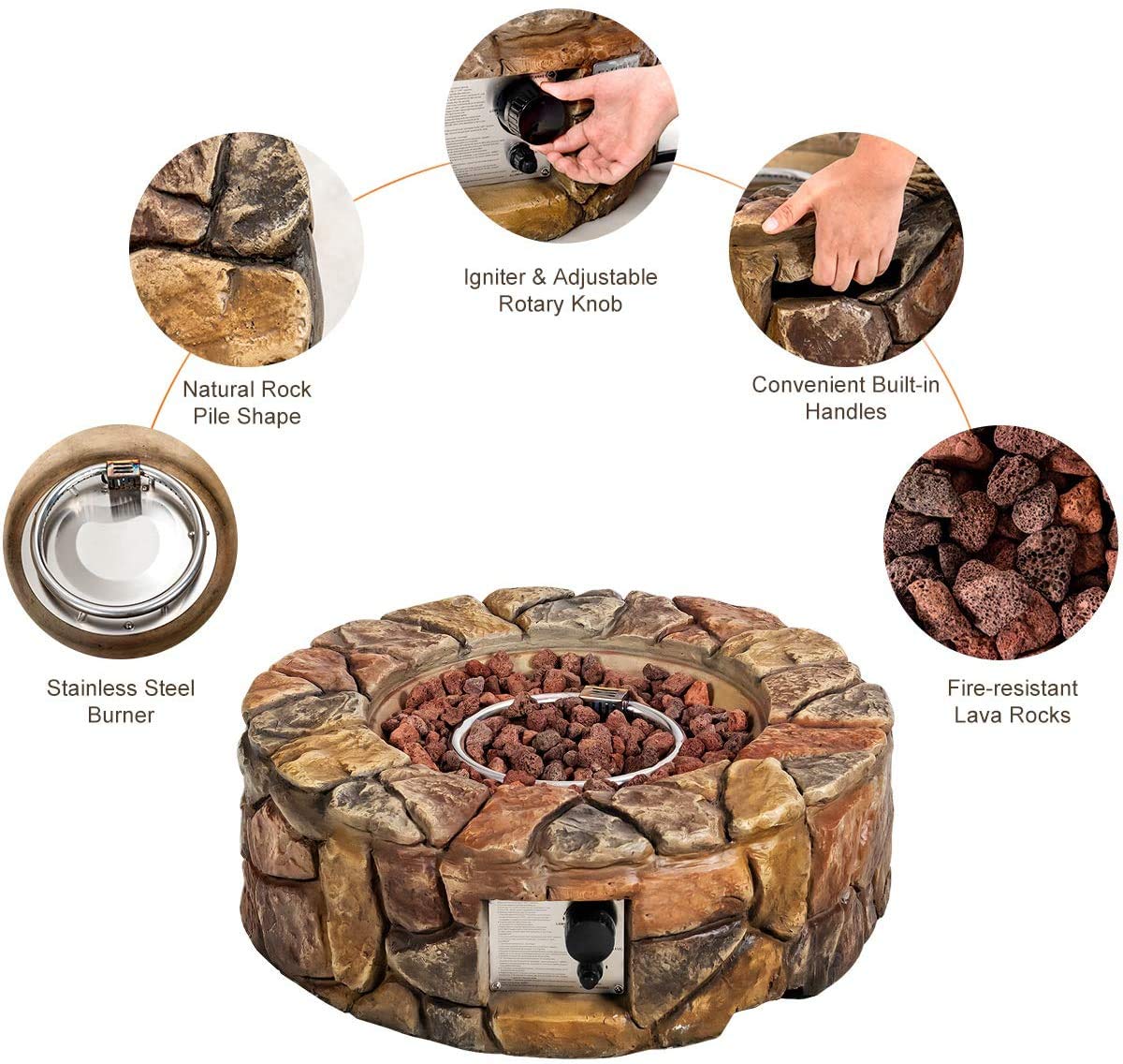 Happygrill Propane Fire Pit Outdoor Patio Heater with Cover & Artificial Stone Rocks - Perfect for Backyard, Camping, and Garden Gatherings
