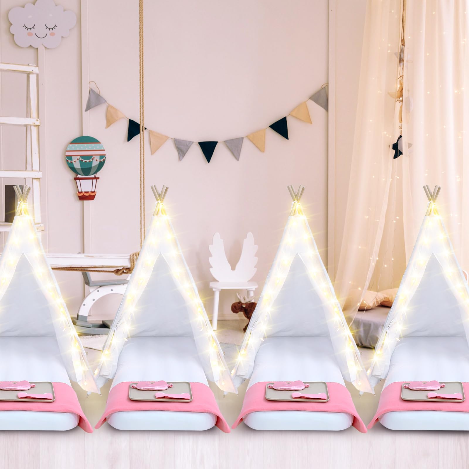 4 Pack Kids Teepee Tent with Mattress, Fitted Sheet & LED Lights - Washable Cotton Play Tent for Girls Sleepover, Birthday Party, Movie Night - Indoor & Outdoor Playhouse (White)