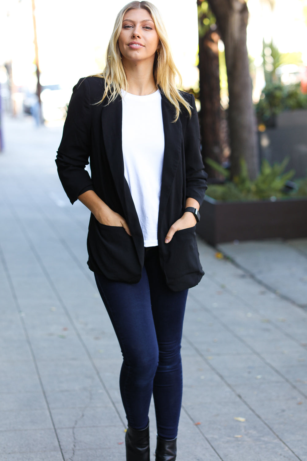 More To Love Black Notched Lapel Ruched Sleeve Blazer for Women - Elegant Office Wear & Evening Outfits | Plus Size Business Jacket for Work, Parties & Special Occasions