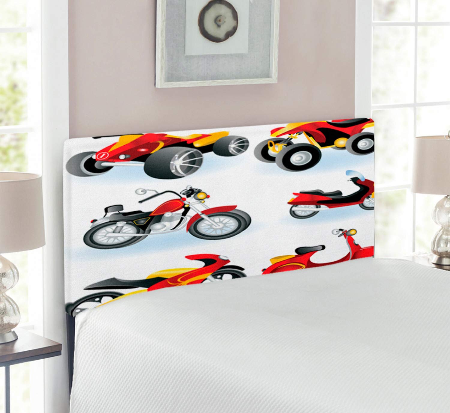 Ambesonne Motorcycle Headboard - Upholstered Decorative Metal Bed Headboard with Memory Foam for Twin Size Beds | Black & Yellow Sportsman Racing Design | Perfect for Kids' Rooms, Motorcycle Enthusiasts & Themed Bedrooms
