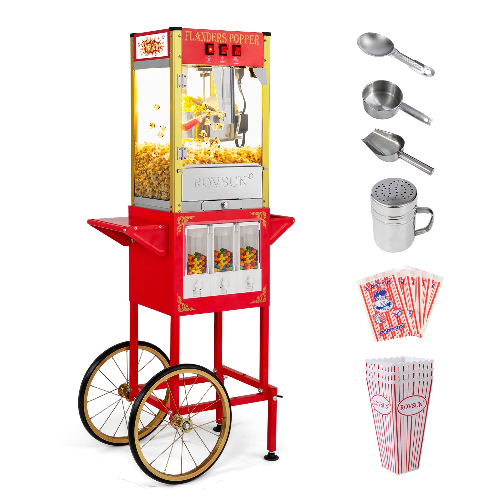 ROVSUN 8oz Commercial Popcorn Machine with Cart & Wheels - 850W Movie Theater Style Popcorn Maker for Home & Business Use, Includes Candy Dispenser, Scoop, Oil Spoon & 3 Popcorn Cups (Red) - Perfect for Movie Nights, Parties, Carnivals and Concession Stands
