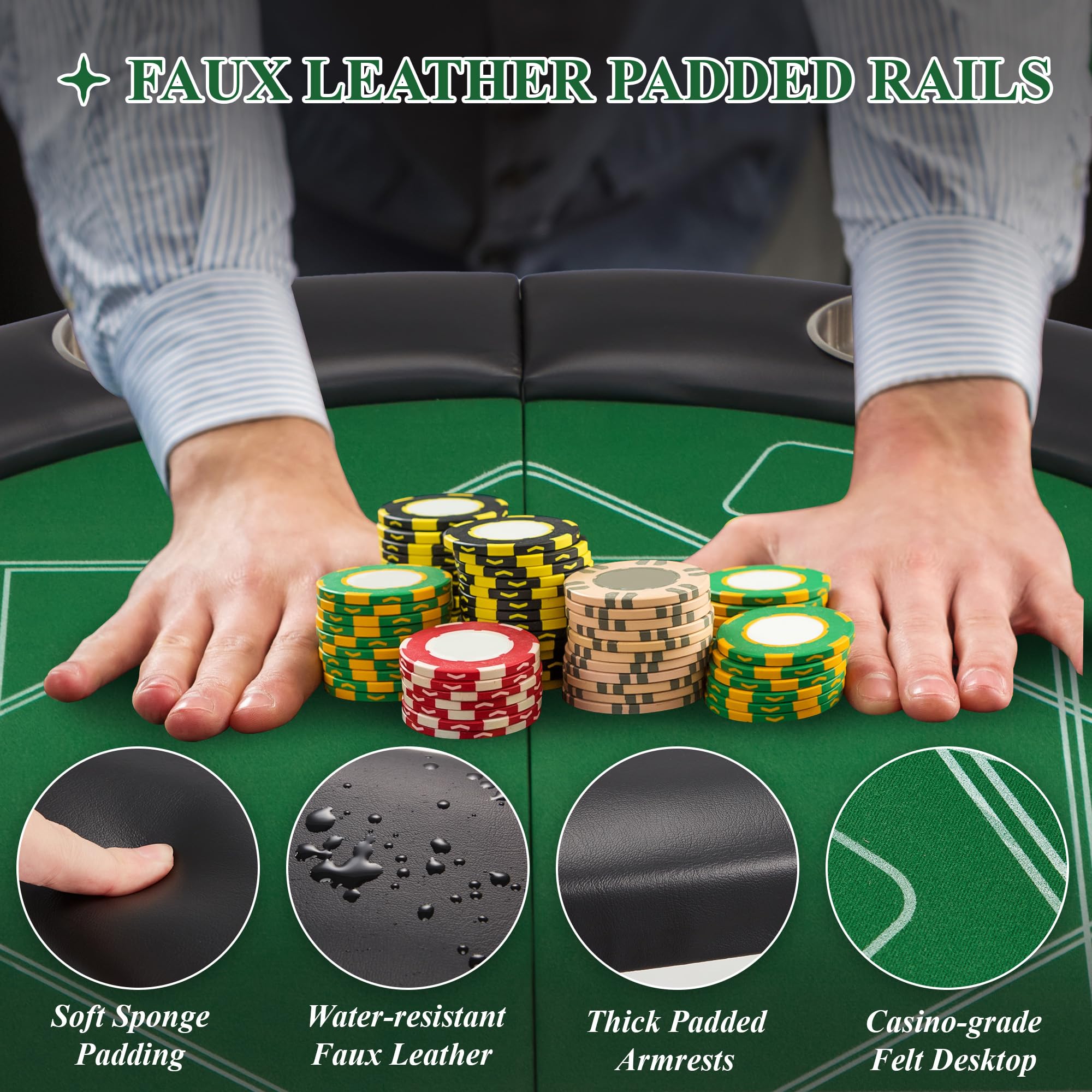 ECOTOUGE 8-Player Foldable Poker Table - Round Casino Style Texas Hold'em Table with Stainless Steel Cup Holders & Faux Leather Padded Rails - Portable Folding Card Game Table for Home, Parties and Casino Nights (Green)