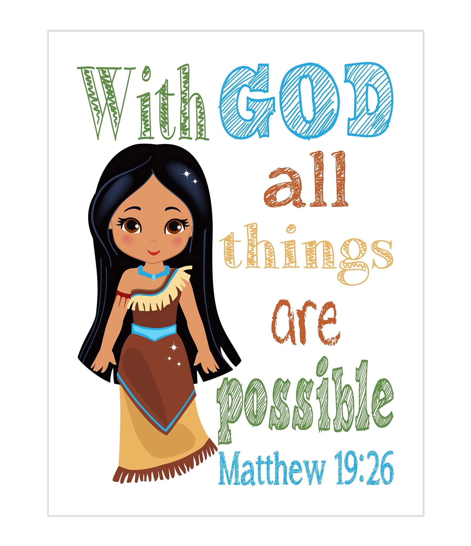 Pocahontas Christian Nursery Decor - Matthew 19:26 Print for Baby Room