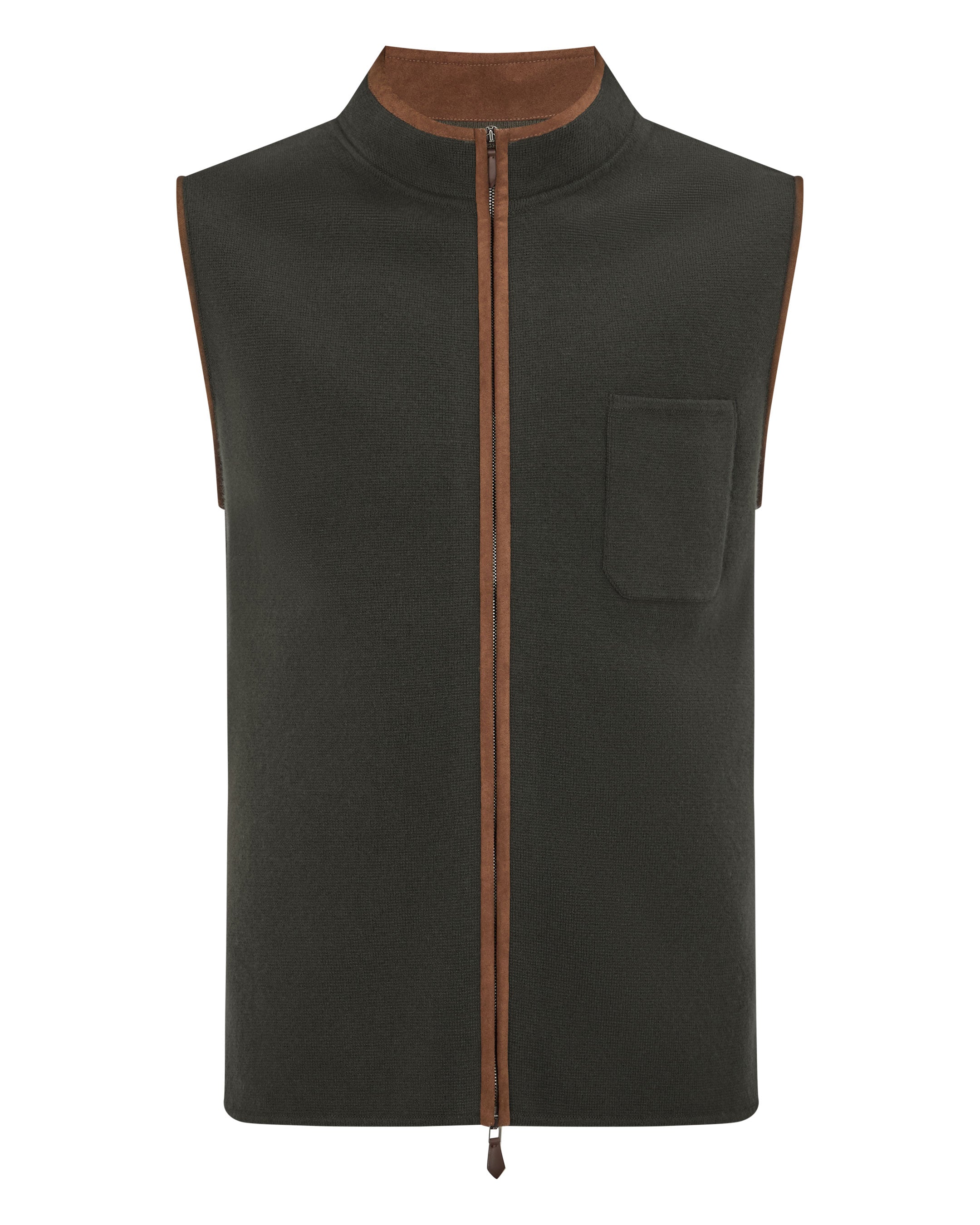 Men's Cashmere Gilet with Suede Trim - Arabica Khaki Green Color - Perfect for Casual Outfits & Layering in Fall/Winter