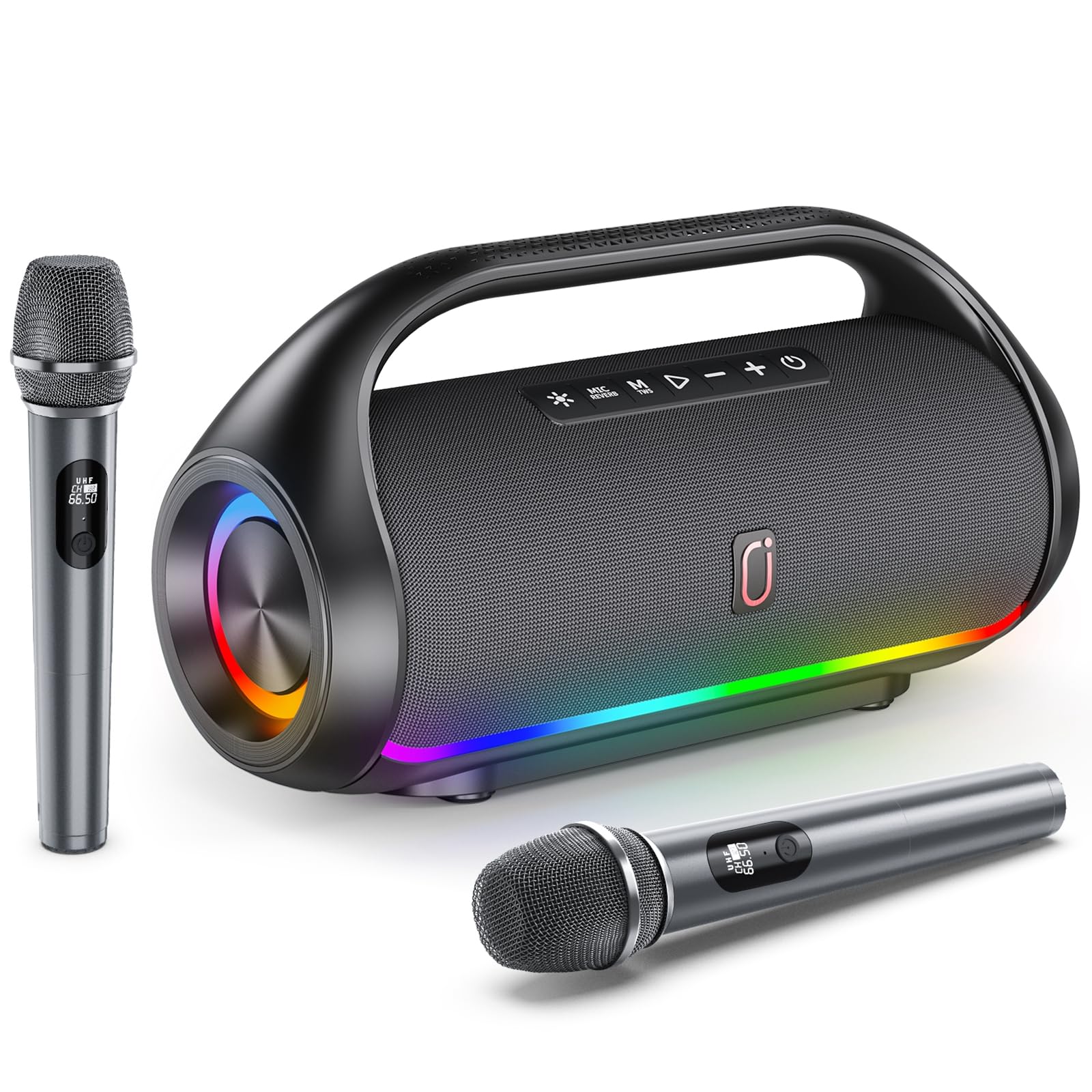 HWWR Portable Bluetooth Speaker with 2 Wireless Mics - IPX5 Waterproof, Deep Bass & LED Lights - Loud Stereo Speaker for Outdoor, Indoor, Home Parties, Hiking, Camping - Perfect for Backyard BBQs, Beach Trips & Poolside Gatherings
