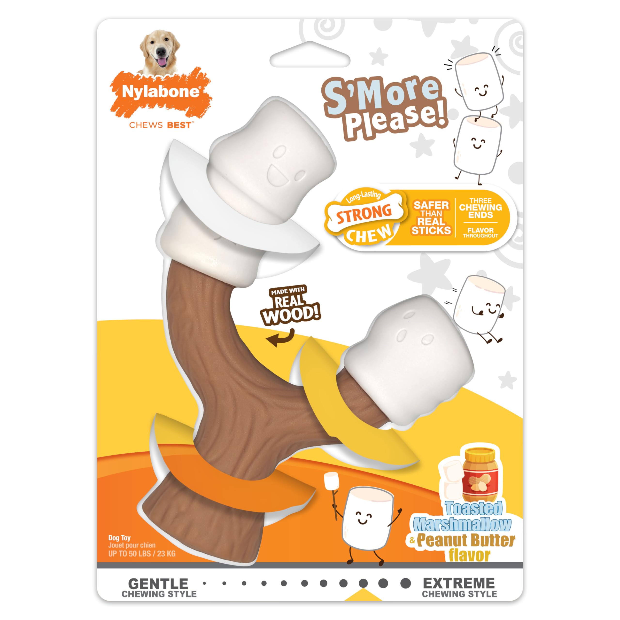 Nylabone Marshmallow Stick Durable Dog Chew Toy for Moderate & Aggressive Chewers - Peanut Butter & Marshmallow Flavored Large Dog Bone (Up to 50 lbs) - Perfect for Teething, Boredom Relief, and Dental Health