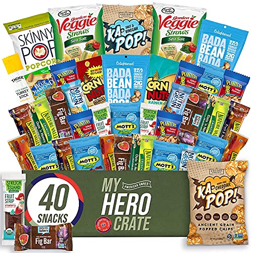 Healthy Snacks Military Care Package (40-Piece) - Nutri-Grain Bars, Motts Gummies, Planters Peanuts, Blue Diamond Almonds, Veggie Straws & Skinny Pop Popcorn - Perfect for Troop Support, Care Packages & On-the-Go Nutrition