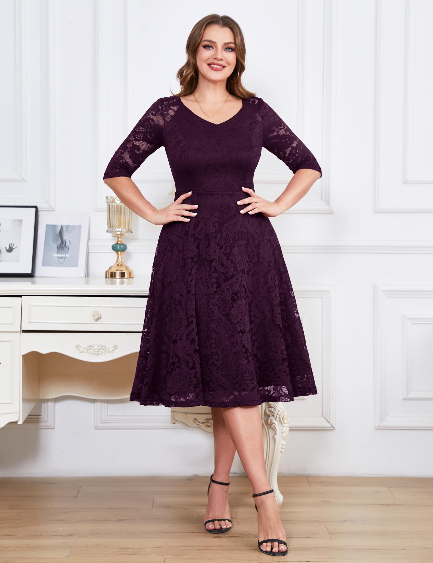 Elegant Long-Sleeve Lace Wedding Guest Dress for Women - A-Line Formal Cocktail Party Midi Gown | Perfect for Prom, Evening Events & Special Occasions