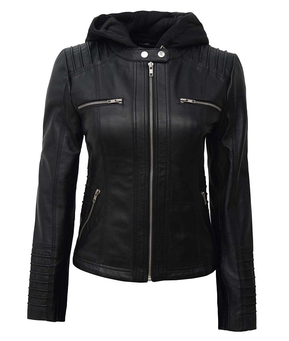 VearFit Women's Black Hooded Biker Leather Jacket - Genuine Motorcycle Jacket for Women in Black & Camel Colors | Perfect for Riding, Casual Wear & Outdoor Adventures