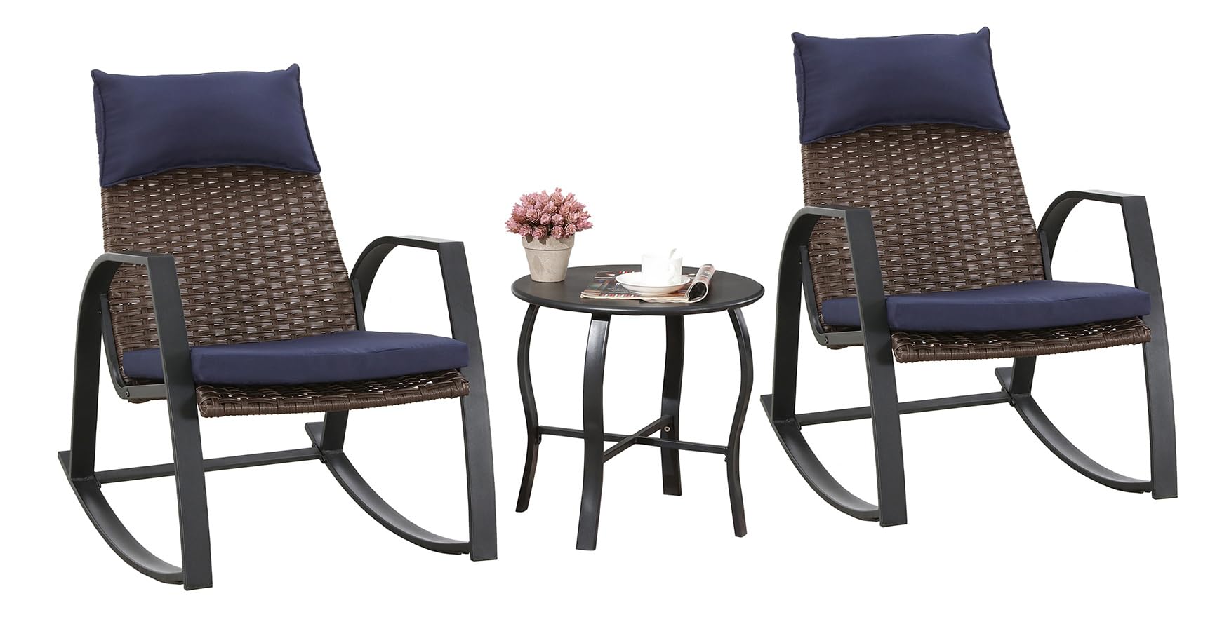 3-Piece Wicker Rocking Bistro Set with Coffee Table - Outdoor Patio Furniture for Porch, Balcony, Garden & Backyard - Blue Conversation Seating for Relaxing & Entertaining Guests