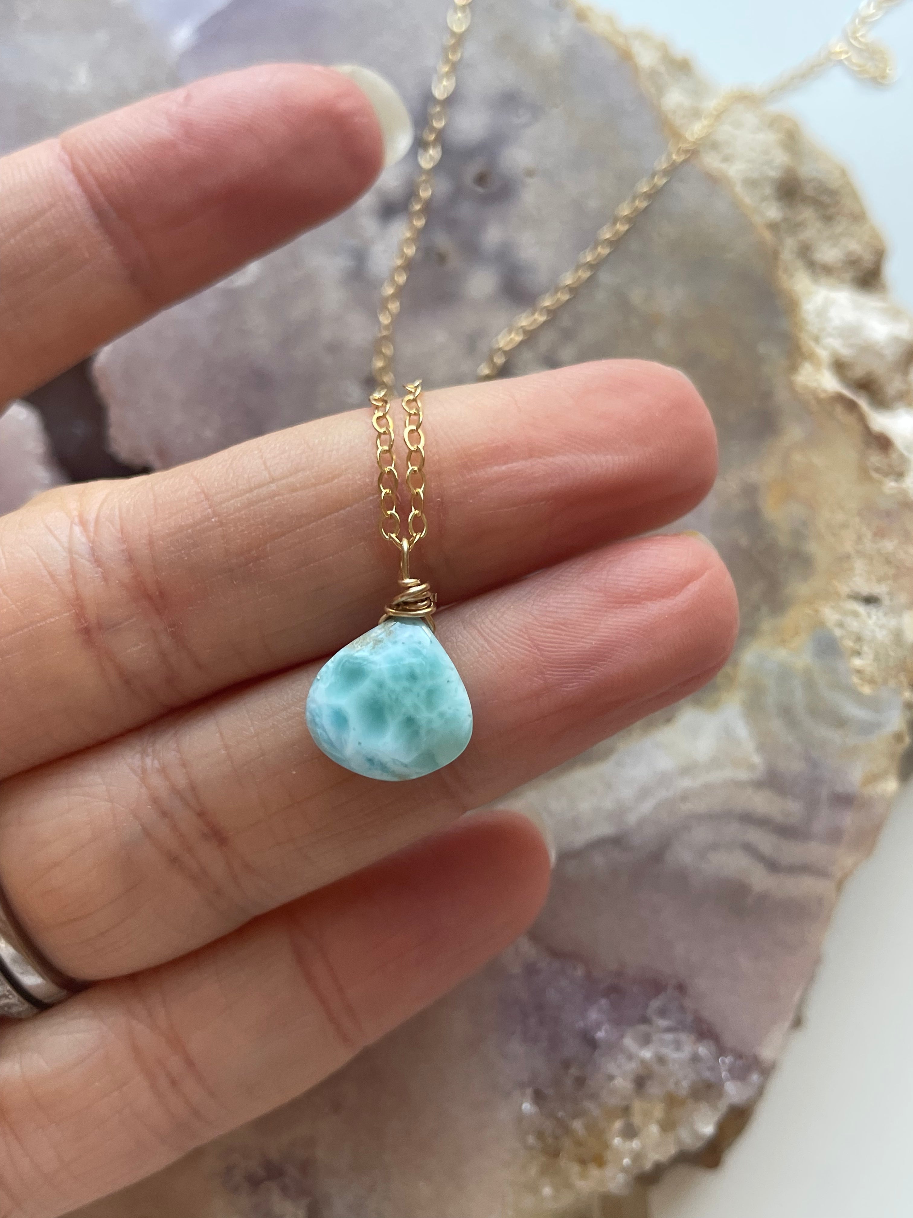 Larimar Drop Necklace - 14K Gold Filled Pendant Jewelry for Women - Perfect for Beach Vacations, Weddings & Everyday Elegance