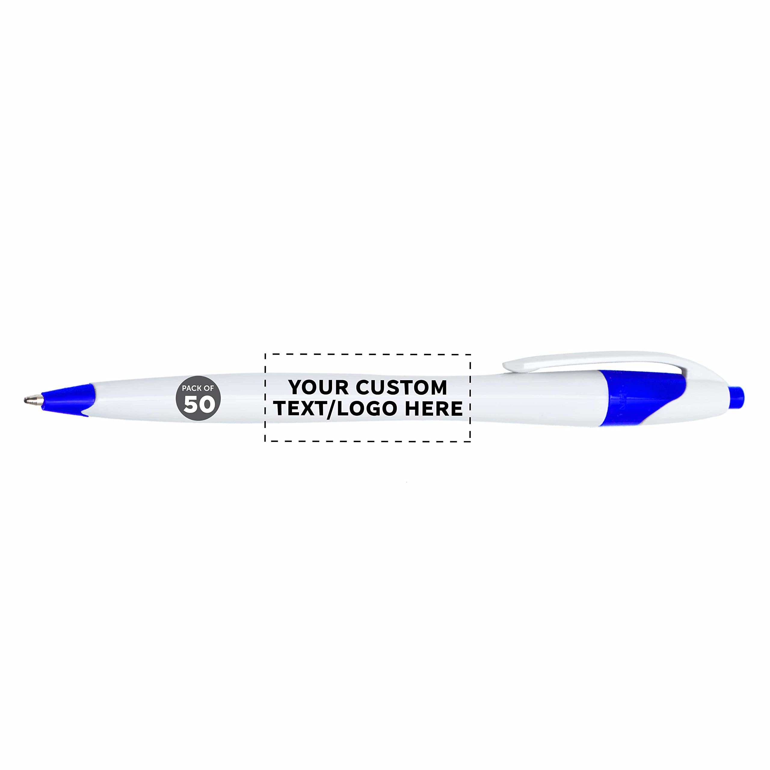 Custom Slim Curvy Ballpoint Pens - Set of 50 Bulk Pack with Blue Ink | Retractable Office & School Supplies | Personalized Promotional Pens for Business, Tradeshows & Corporate Gifts