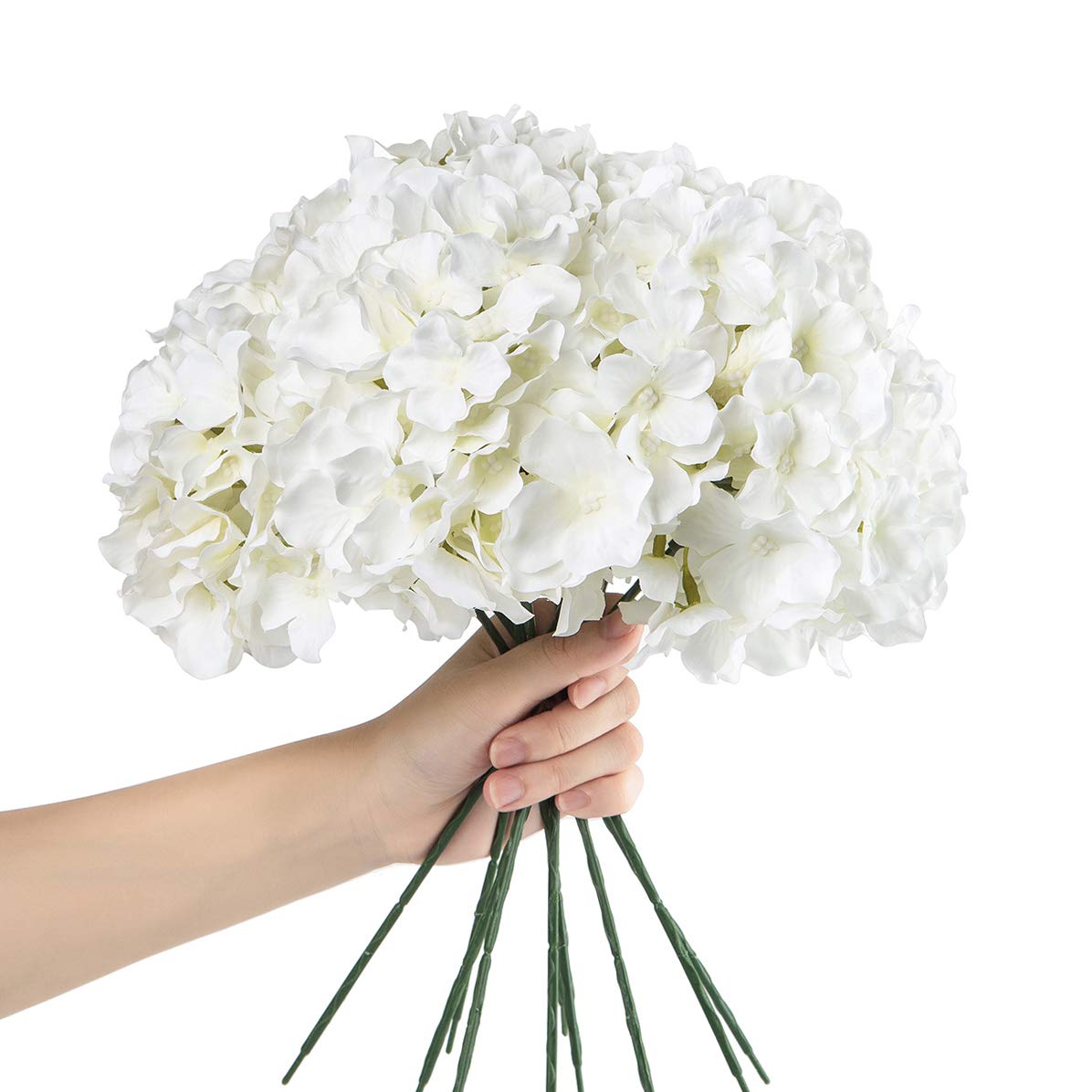 10pcs Artificial Hydrangea Silk Flower Heads with Stems - Realistic White Fake Flowers for Wedding Decor, Home Party, Baby Shower, Centerpieces & DIY Floral Arrangements