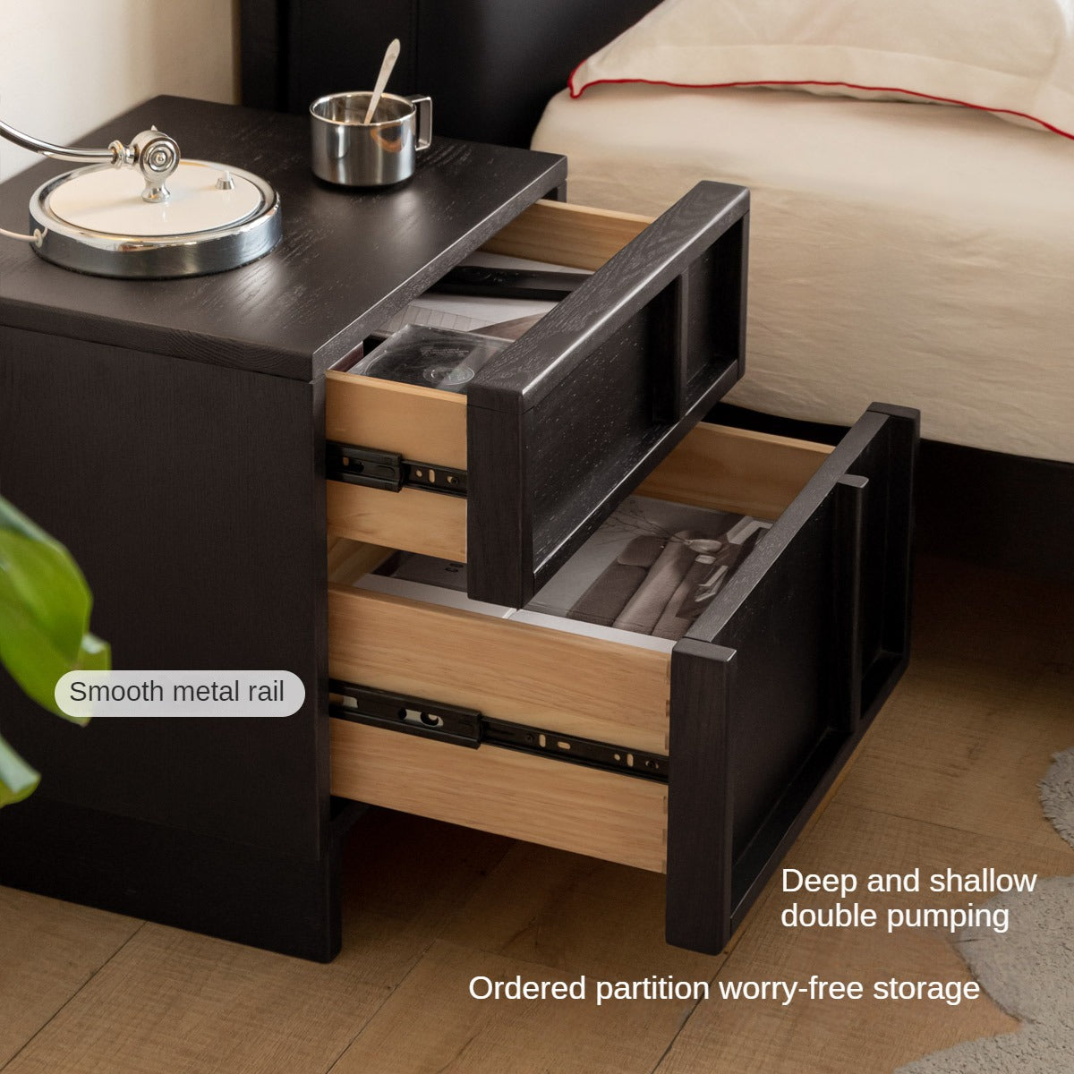 Modern Black Oak Solid Wood Nightstand with Storage - Stylish Bedside Table for Bedroom, Living Room, or Office