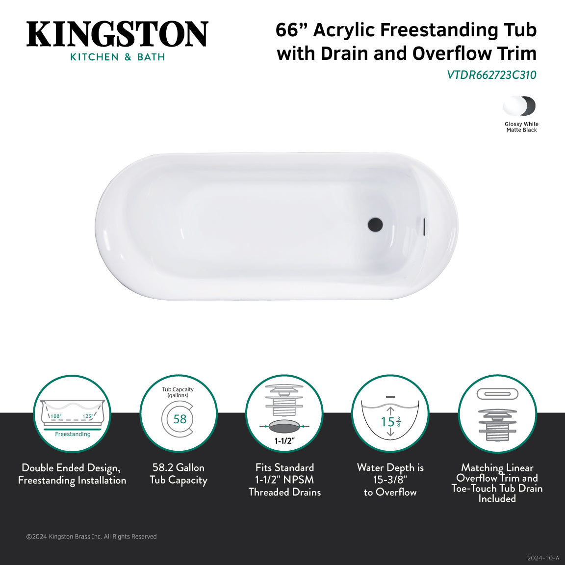 Aqua Eden 66 Inch Acrylic Oval Freestanding Bathtub - Double Ended Soaking Tub with Anti-Slip Surface & Drain - Glossy White/Matte Black - Perfect for Luxury Bathrooms & Spa Retreats