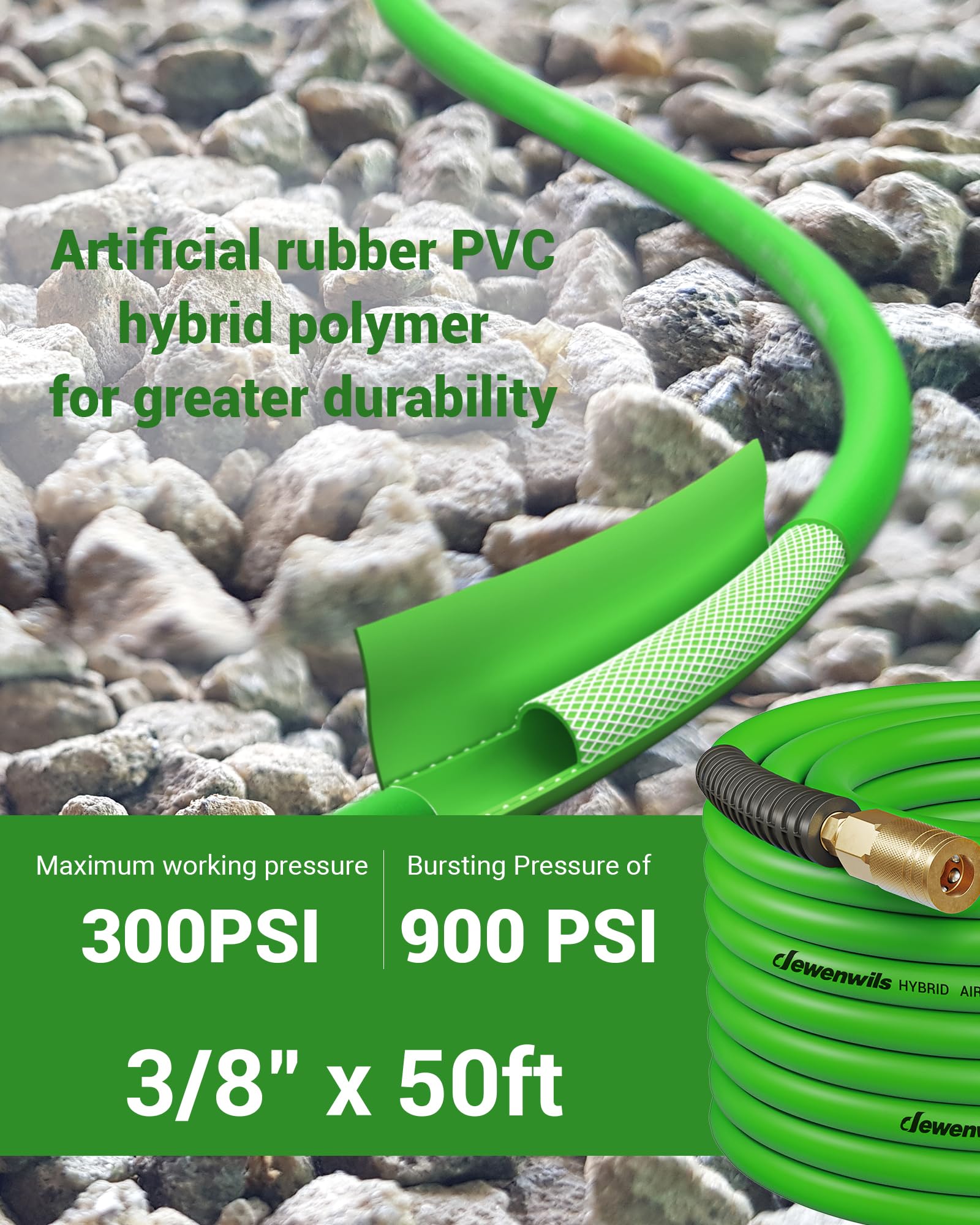 **DEWENWILS 3/8 Inch x 50FT Hybrid Air Hose 300 PSI – Heavy Duty Air Compressor Hose with 1/4