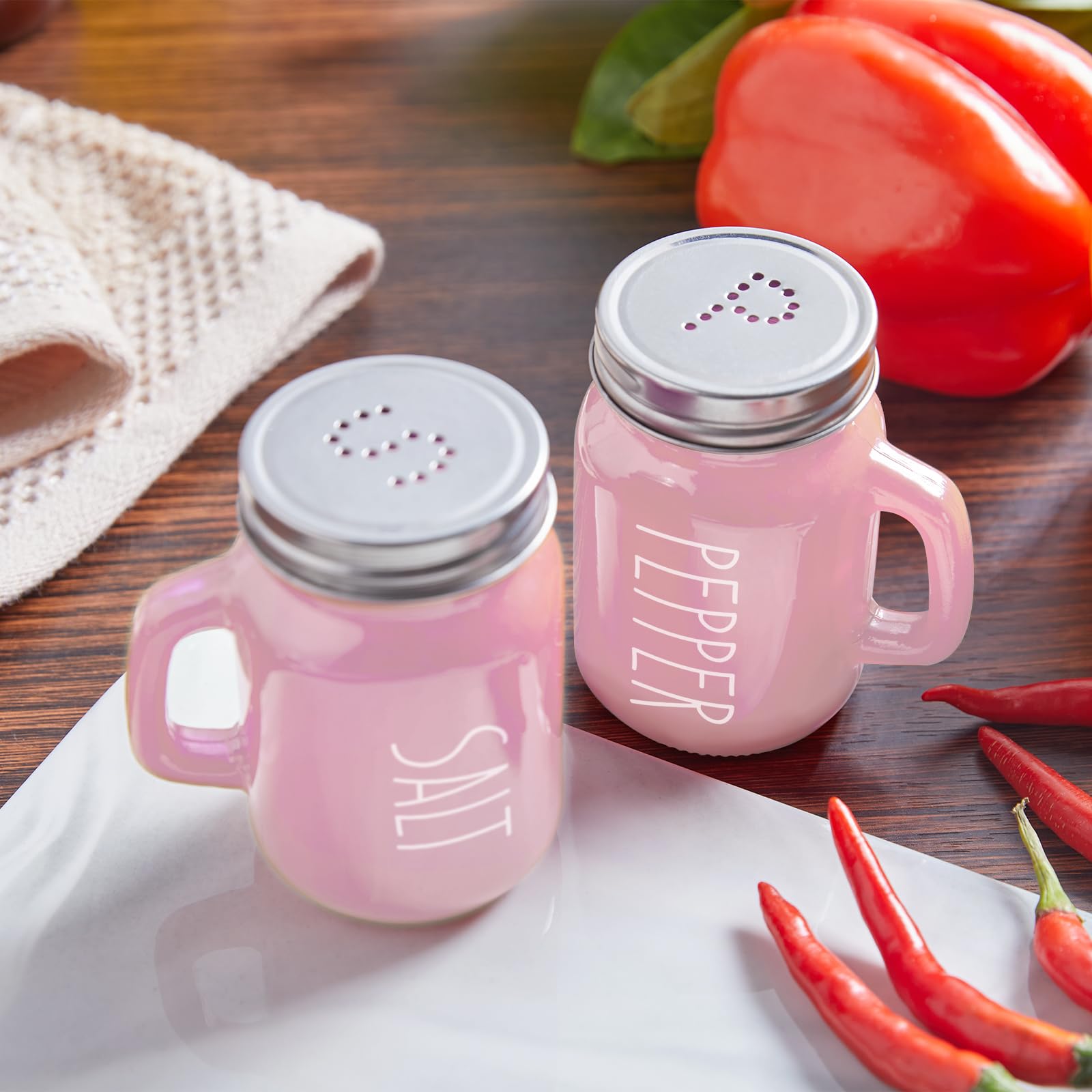 Premium Pink Salt and Pepper Shakers Set - 4 oz Glass Kitchen Accessories for Cooking, Dining Table, RV, BBQ - Easy to Clean & Refill - Perfect for Home, Restaurant, and Outdoor Use